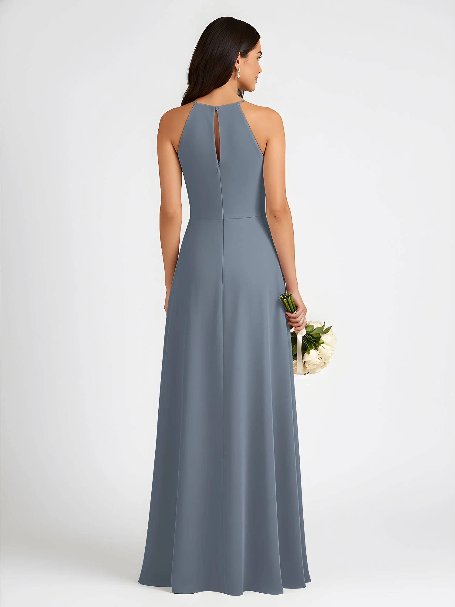 A-Linie Chiffon Ärmellos Schleife Halter Hals Kleider Schiefer Blau - Image 2