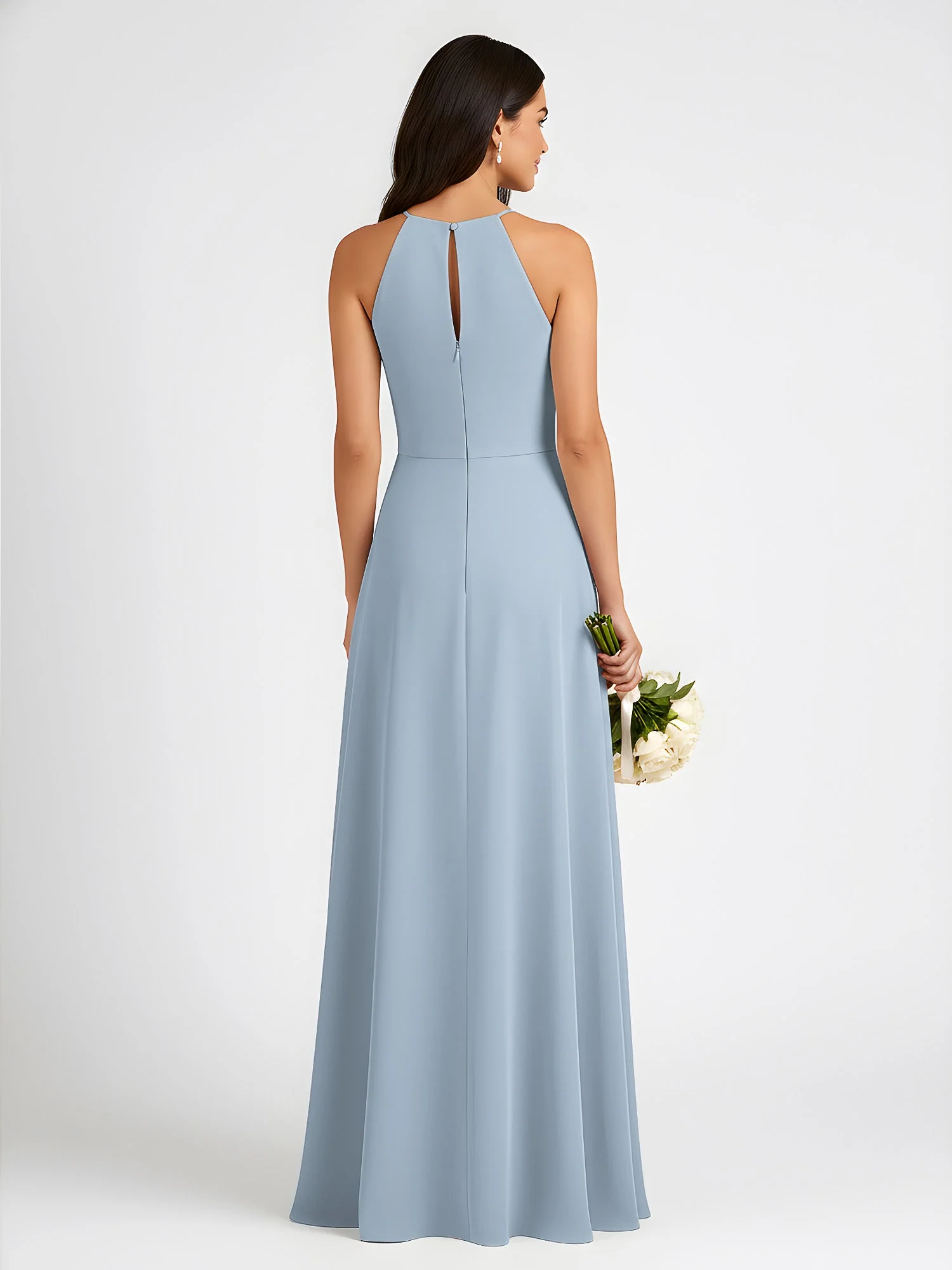 A-Linie Chiffon Ärmellos Schleife Halter Hals Kleider Staubiges Blau - Image 2