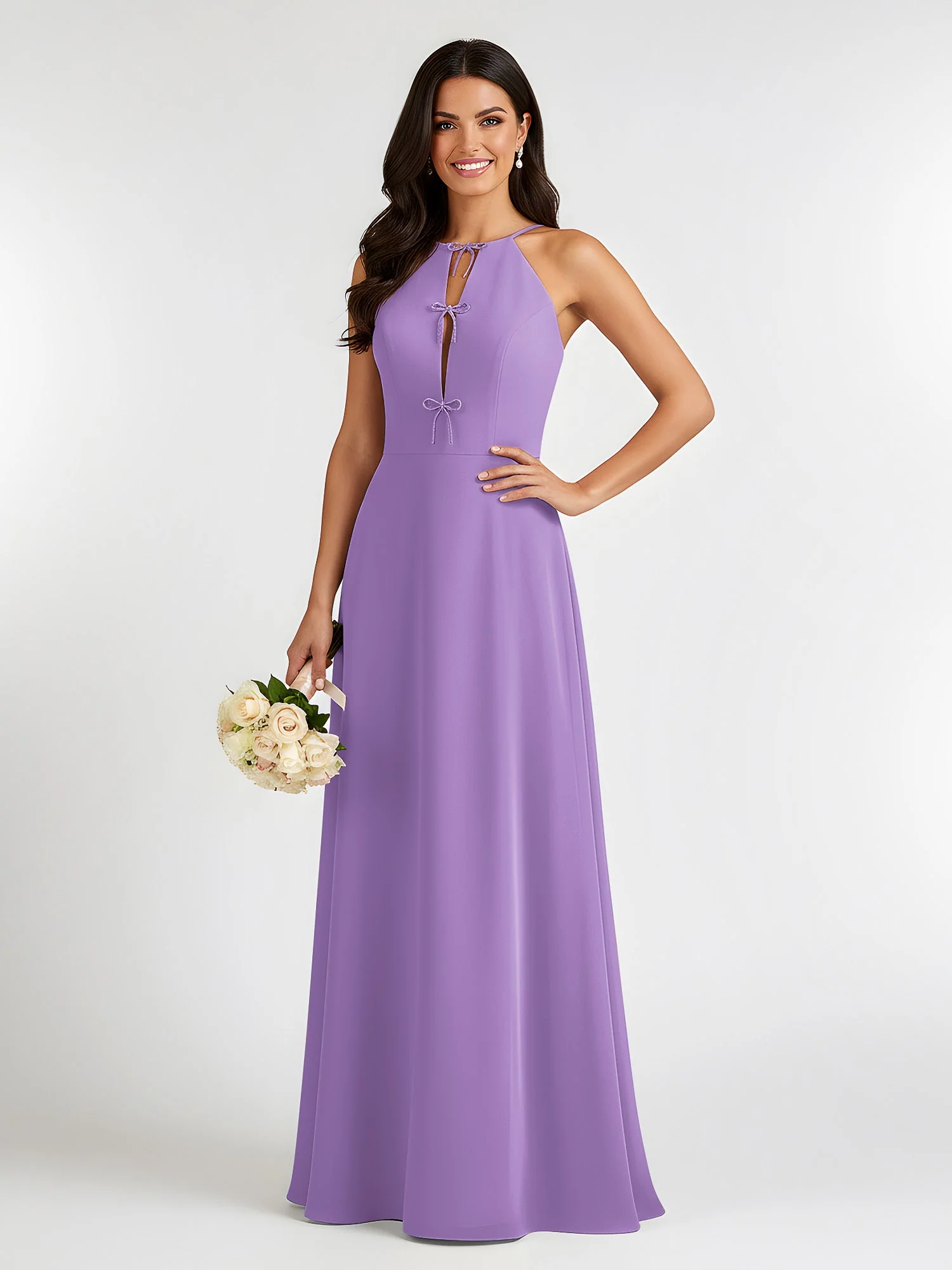 A-Linie Chiffon Ärmellos Schleife Halter Hals Kleider Tahiti