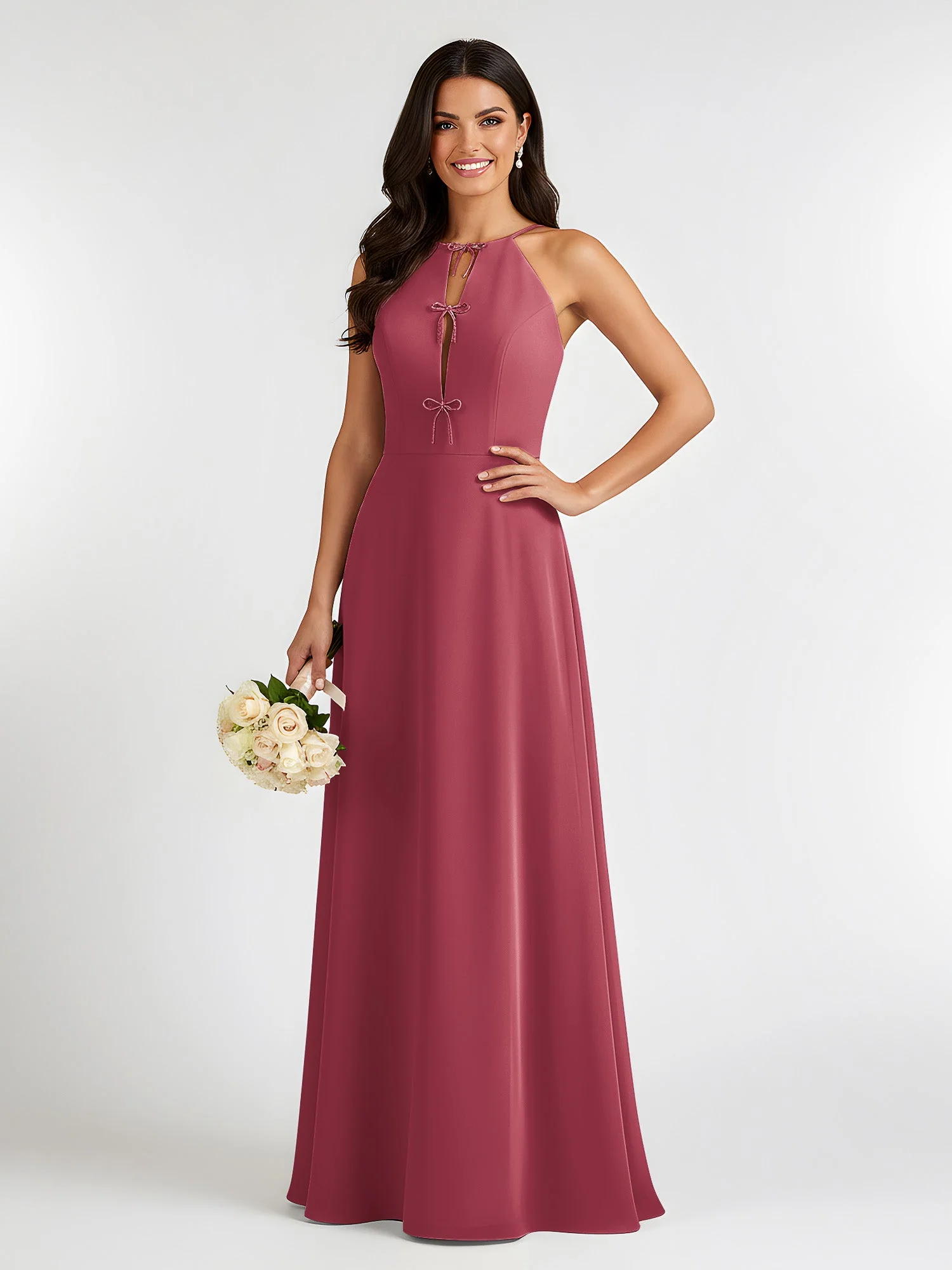 A-Linie Chiffon Ärmellos Schleife Halter Hals Kleider Zimtrose