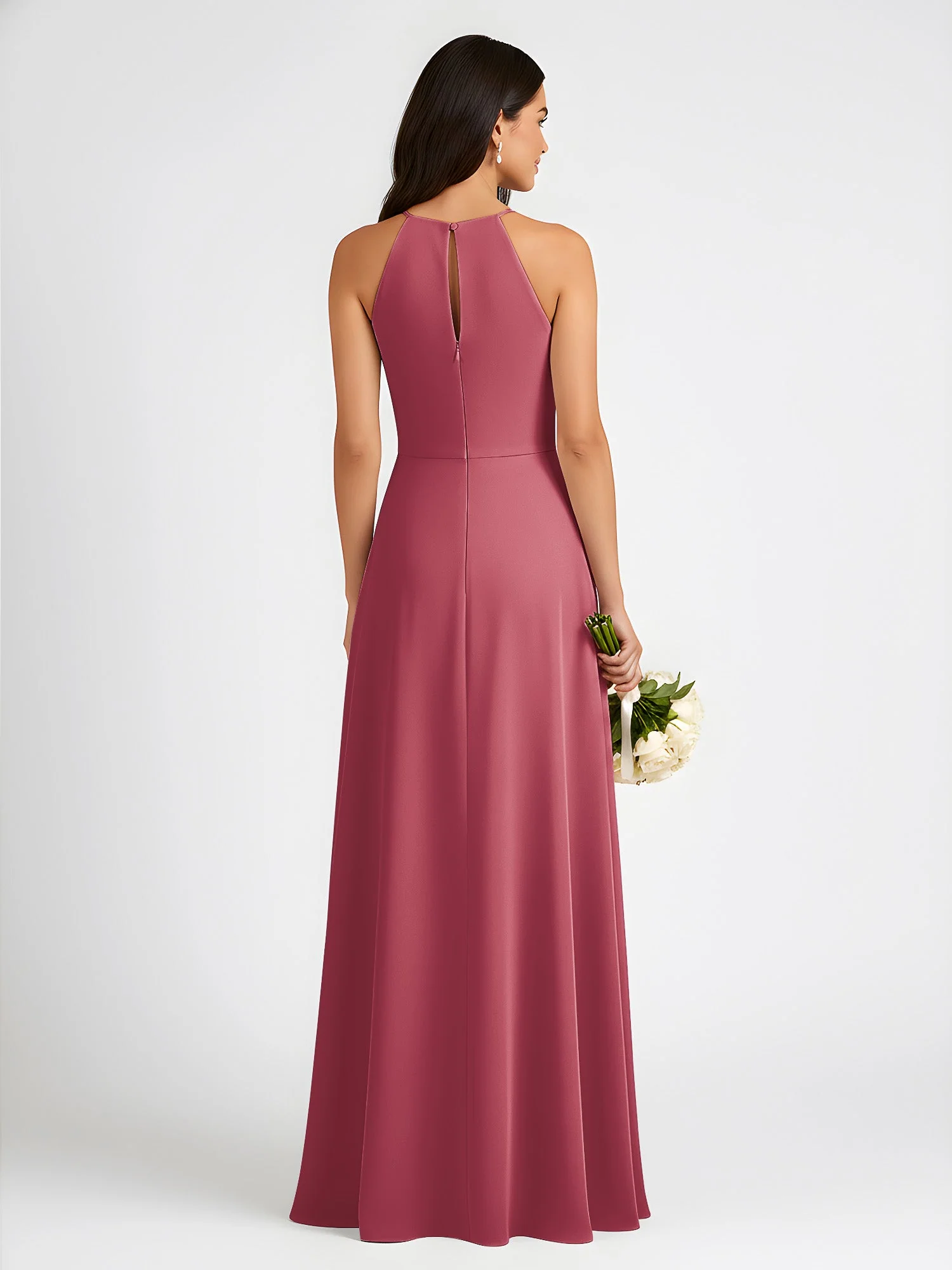 A-Linie Chiffon Ärmellos Schleife Halter Hals Kleider Zimtrose - Image 2