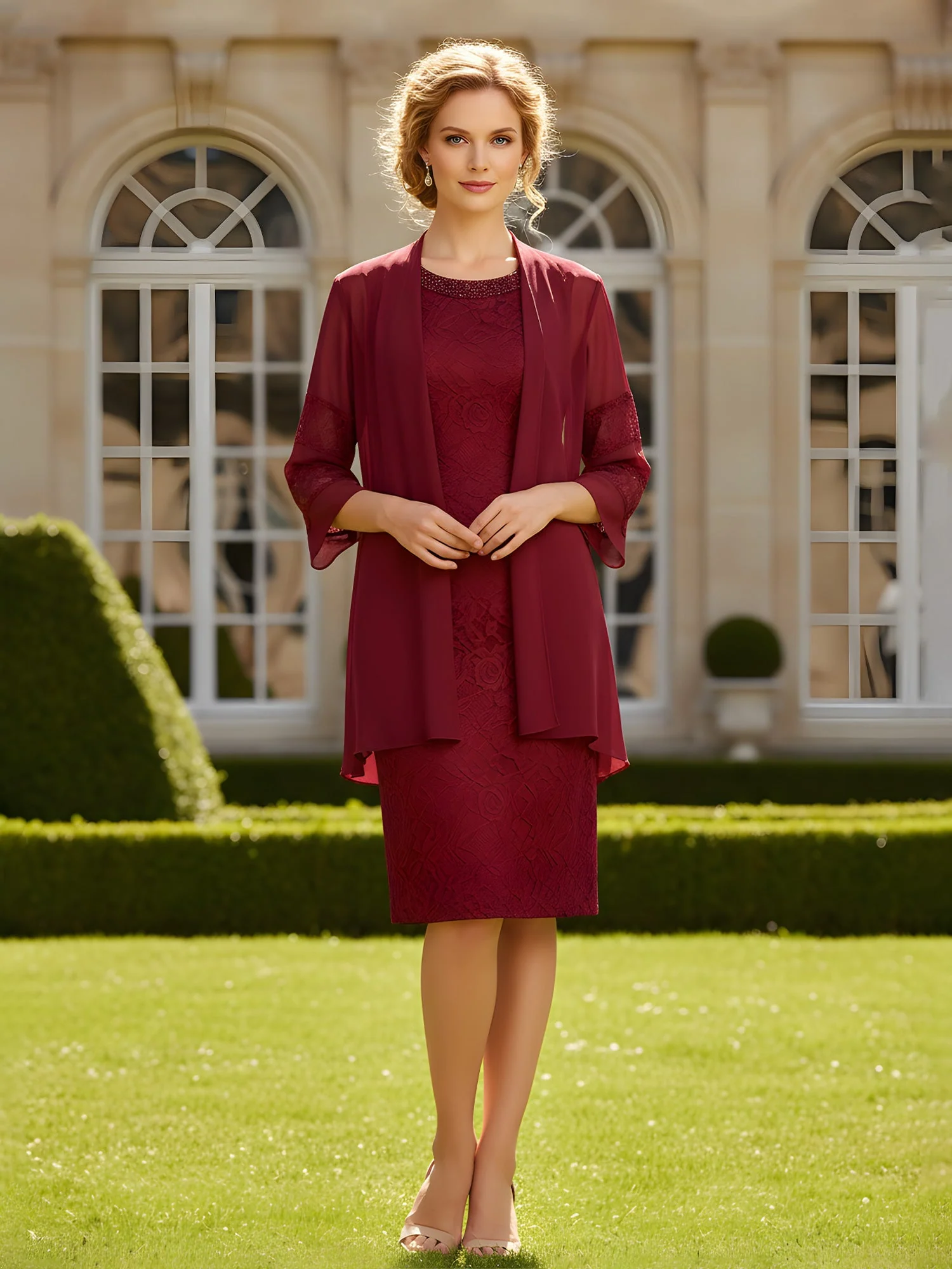 Perlen Scoop Ausschnitt Spitze Etui Kleid mit Jacke Tahiti