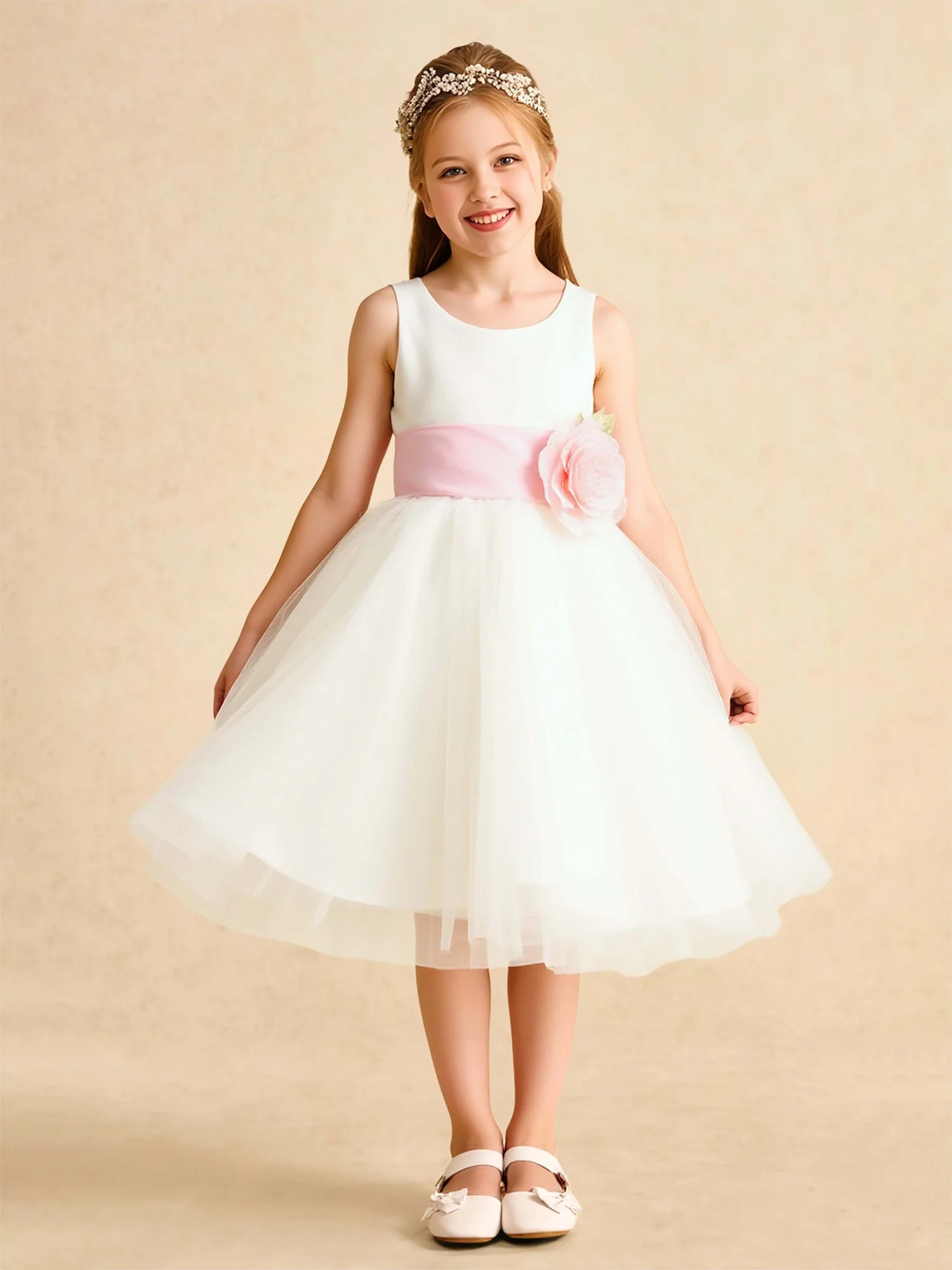 A-Linie Scoop Tüll Blumenmädchen Kleid mit Blumen Taille Elfenbein