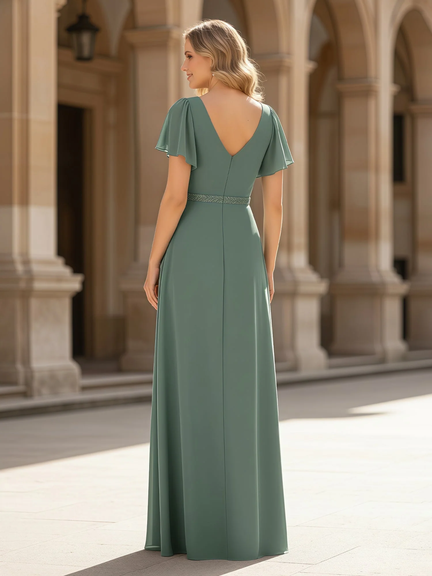 Plissee V-Ausschnitt Chiffon Lang Schlitz Kleid mit Strass Burgunderrot - Image 2