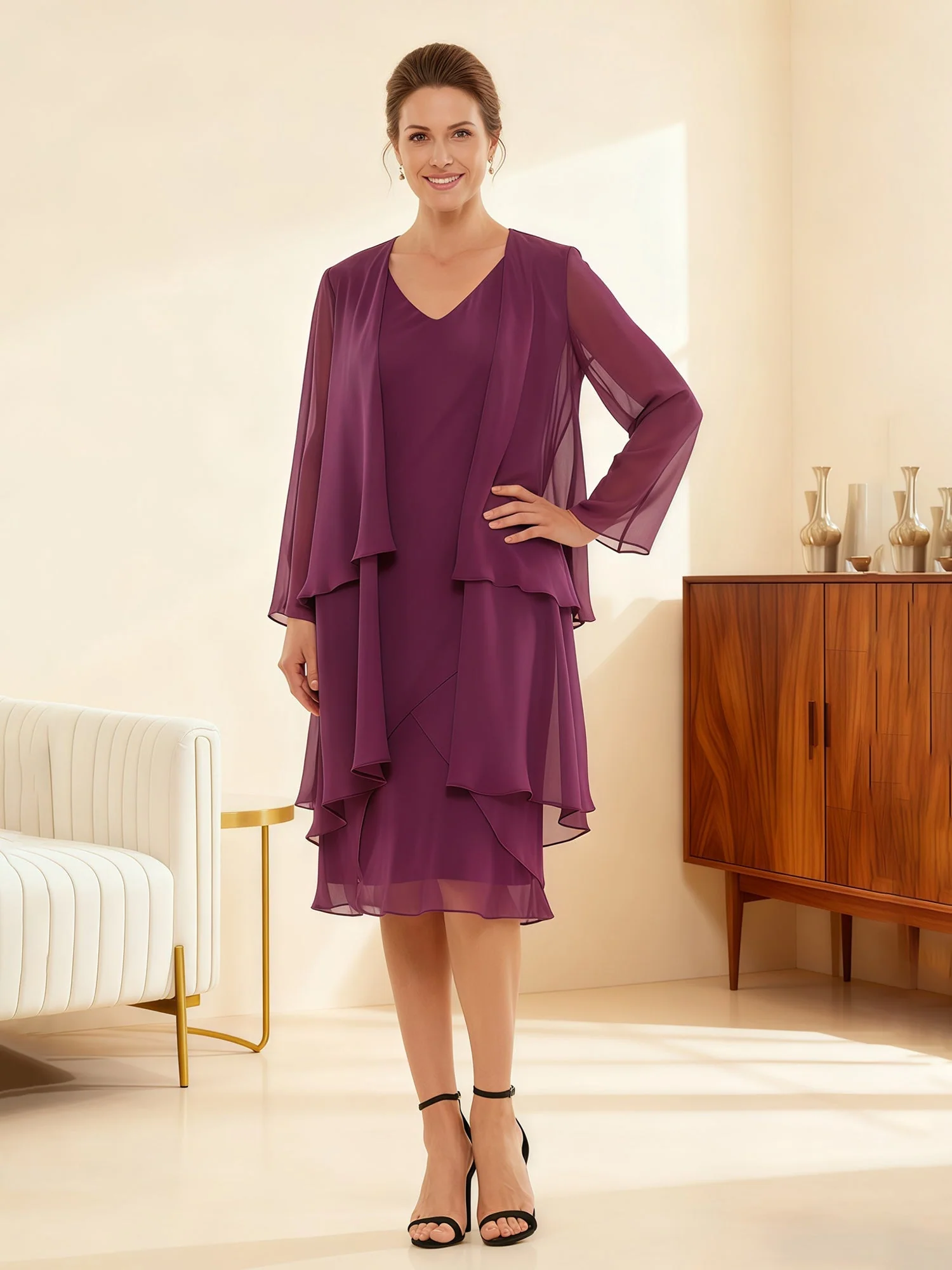 Zweiteilige Schier Ärmel Ensemble Kleid Abendkleid Zitrone