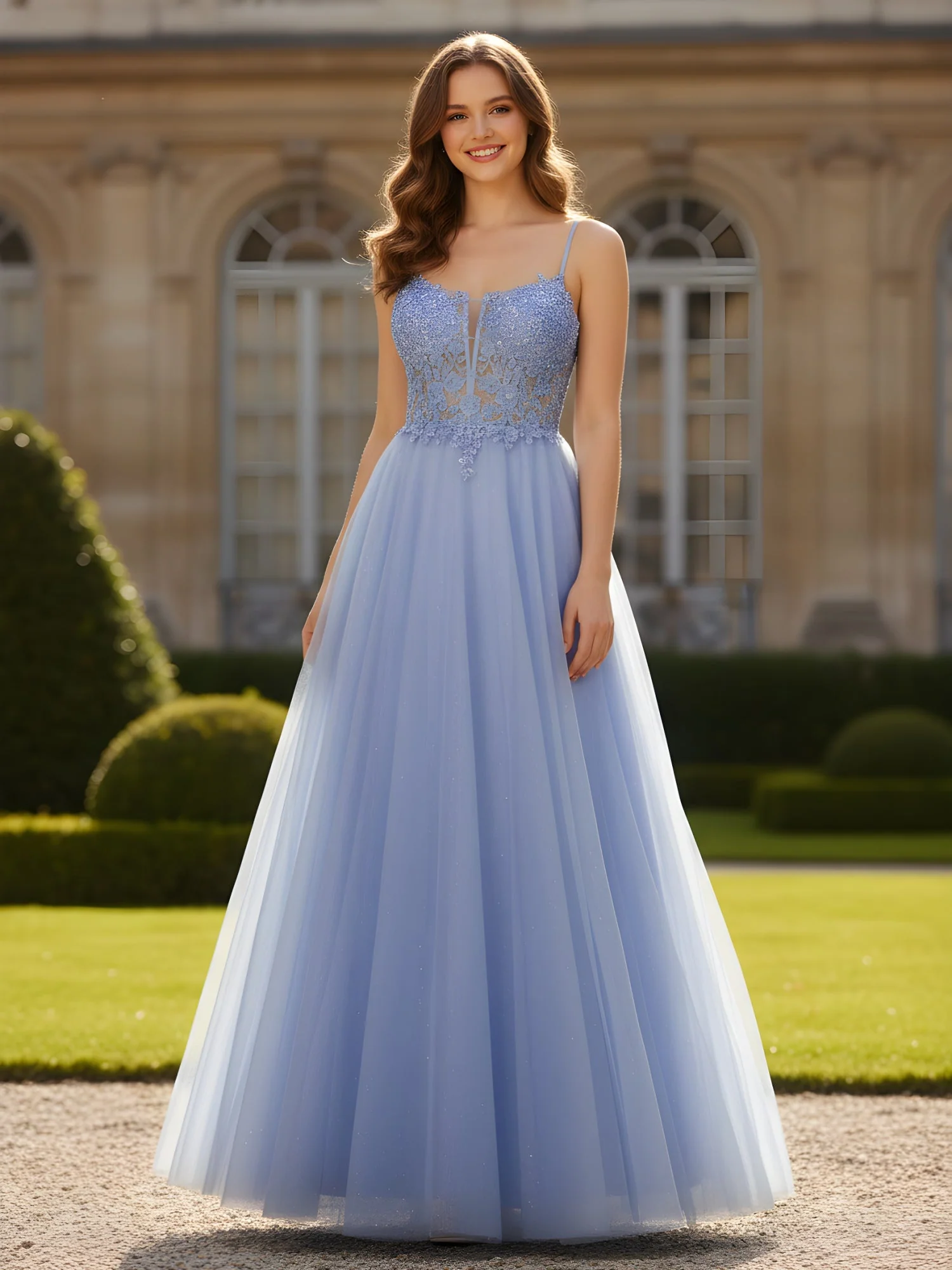 Spitze Applique Korsett A-Linie Tüll Lang Kleid Lavendel