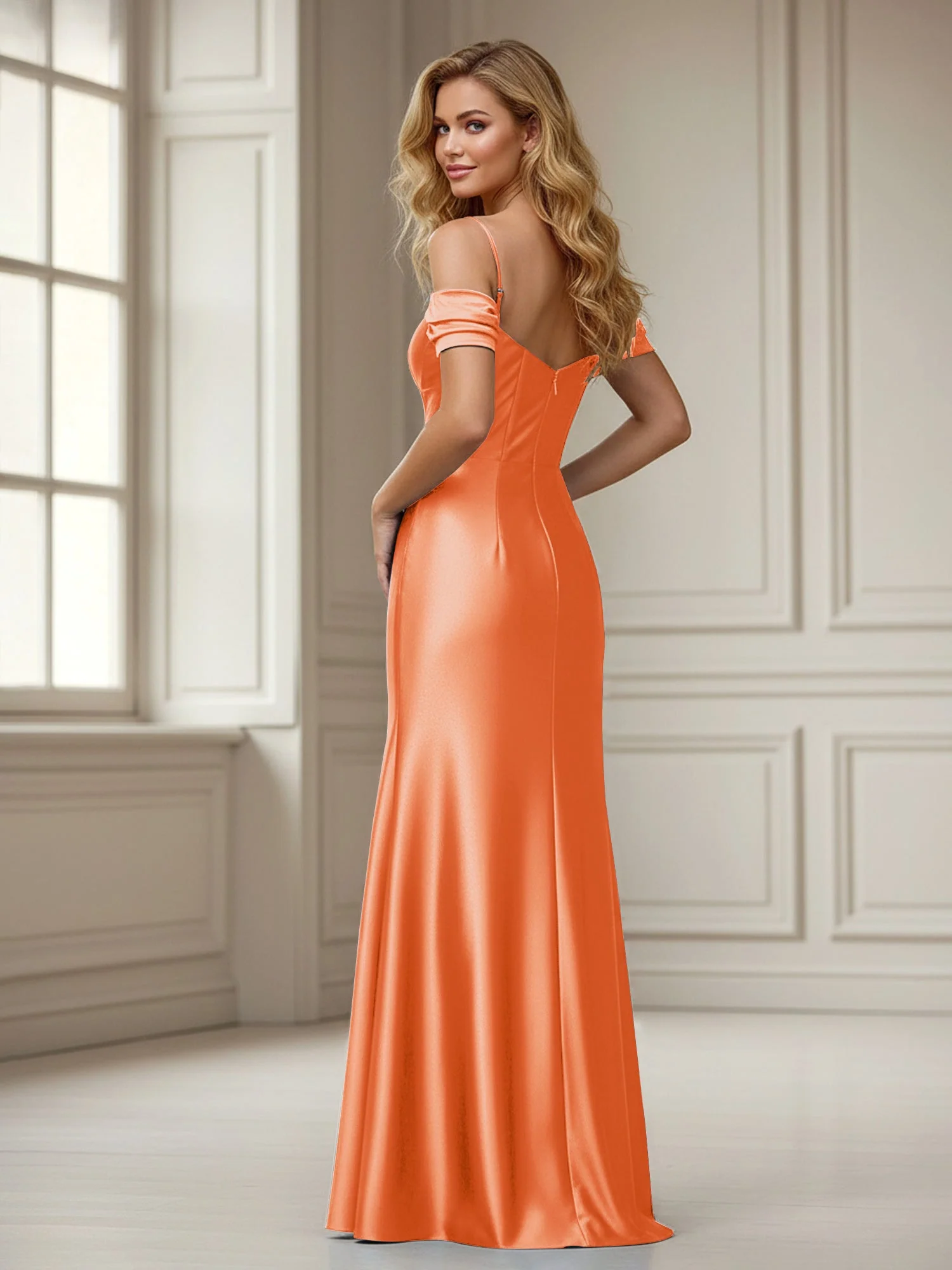 Schulterfrei Etui Bodenlänge Kleid mit Schlitz Gebrannte Orange - Image 2