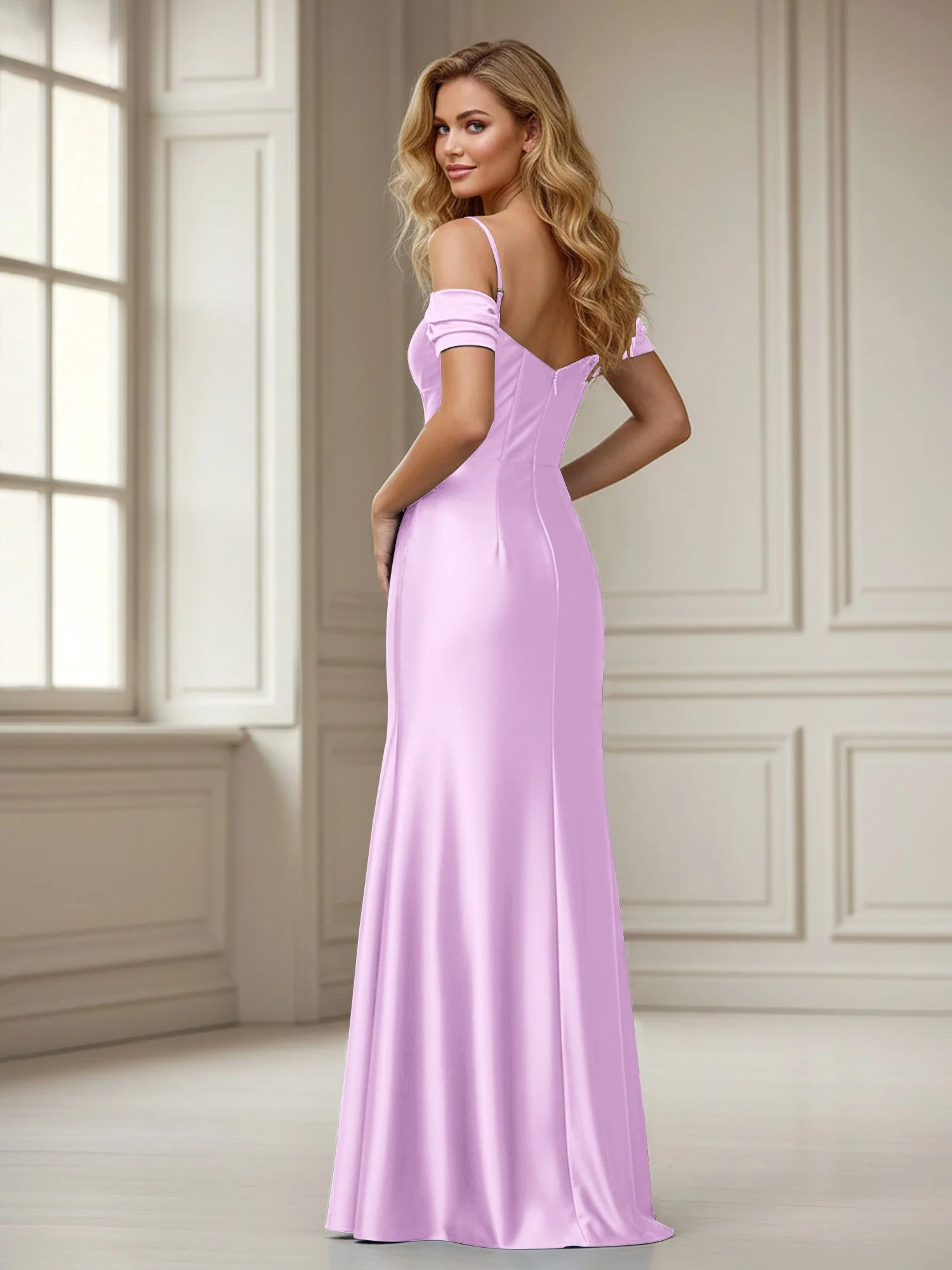 Schulterfrei Etui Bodenlänge Kleid mit Schlitz Lila - Image 2