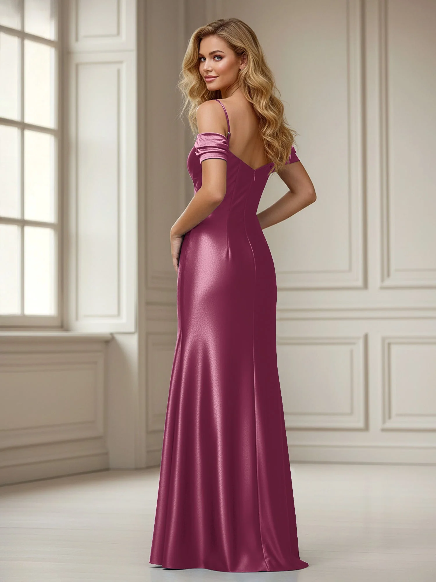 Schulterfrei Etui Bodenlänge Kleid mit Schlitz Maulbeere - Image 2