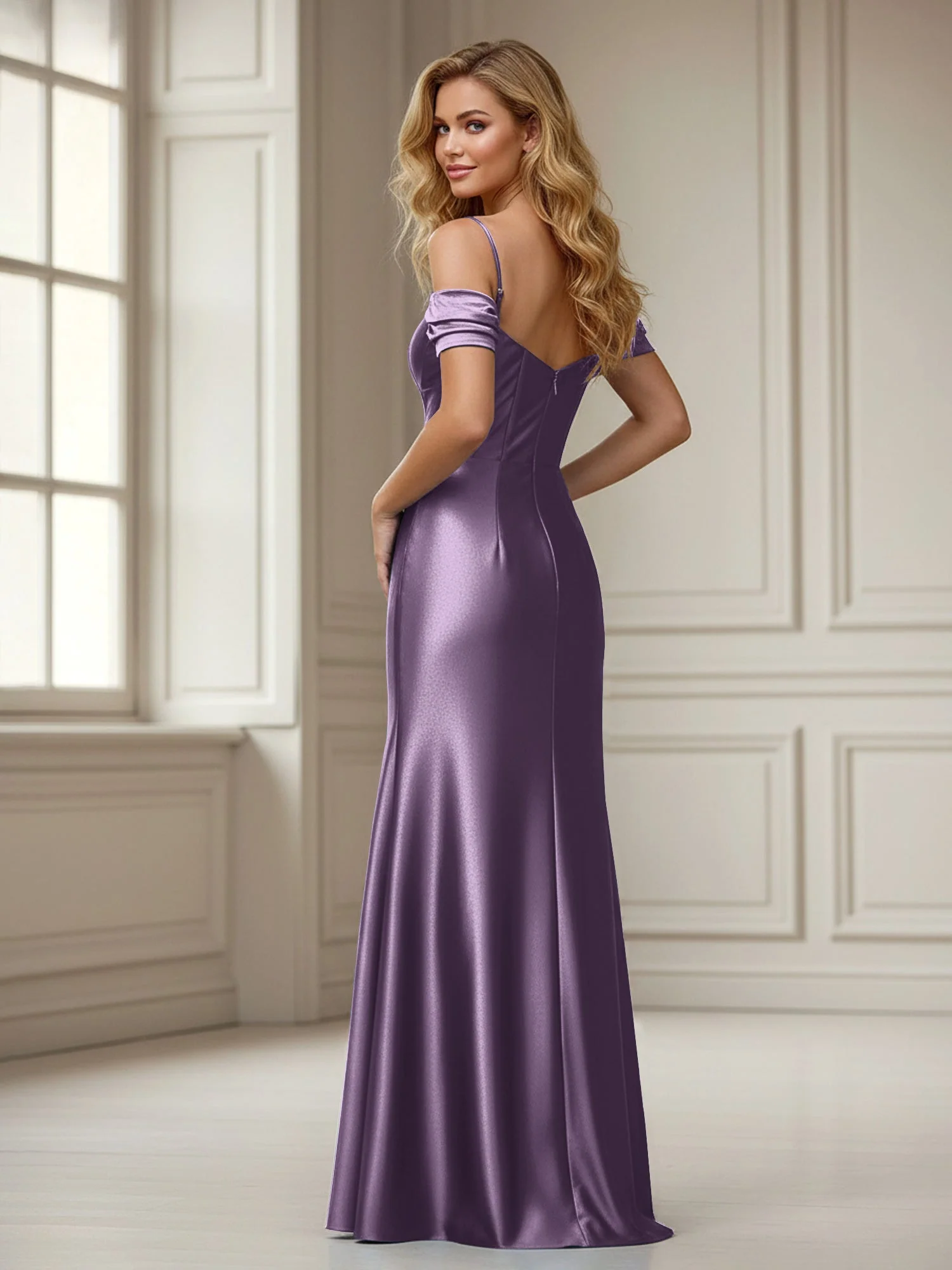 Schulterfrei Etui Bodenlänge Kleid mit Schlitz Plum - Image 2