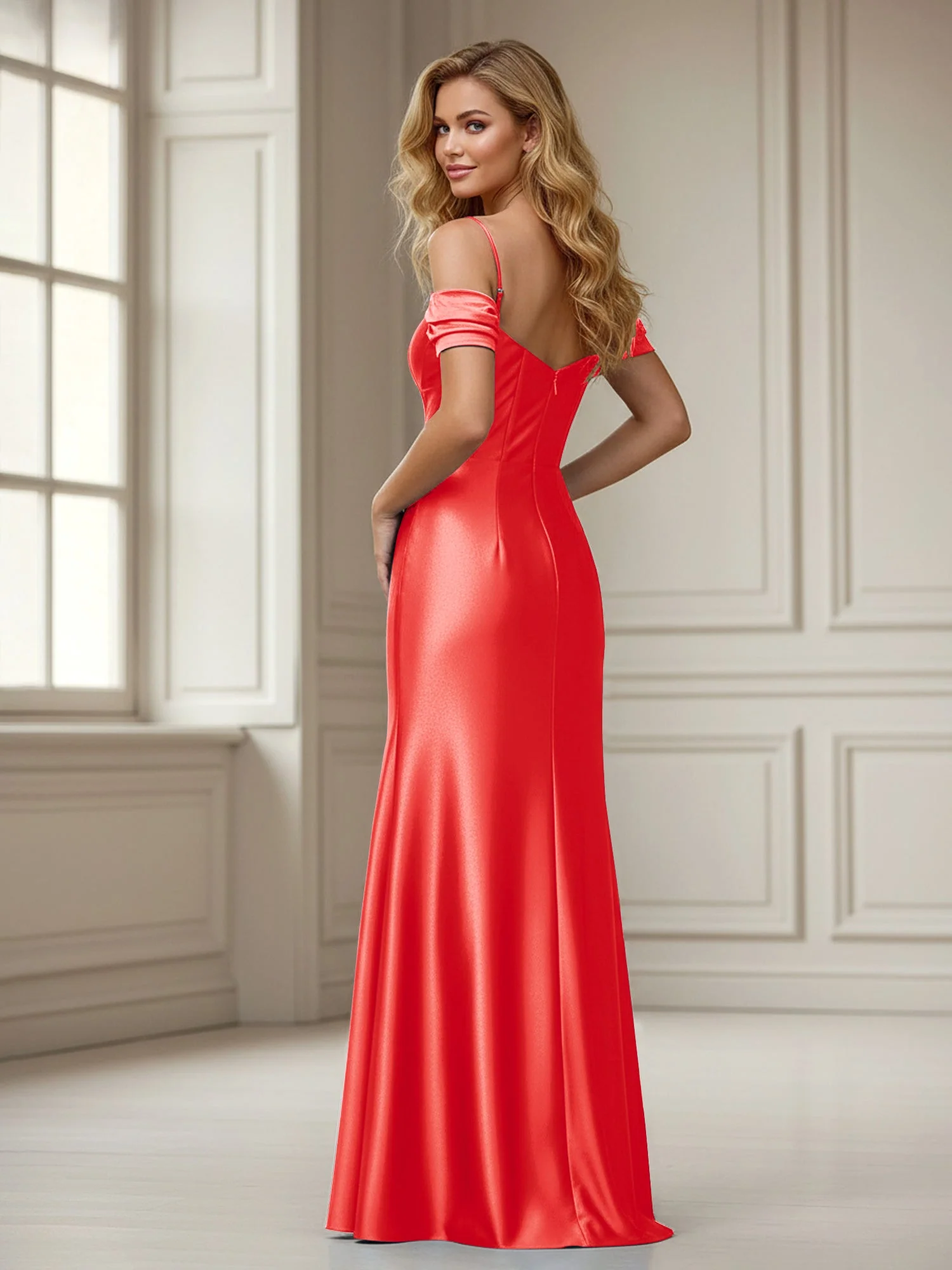 Schulterfrei Etui Bodenlänge Kleid mit Schlitz Rot - Image 2