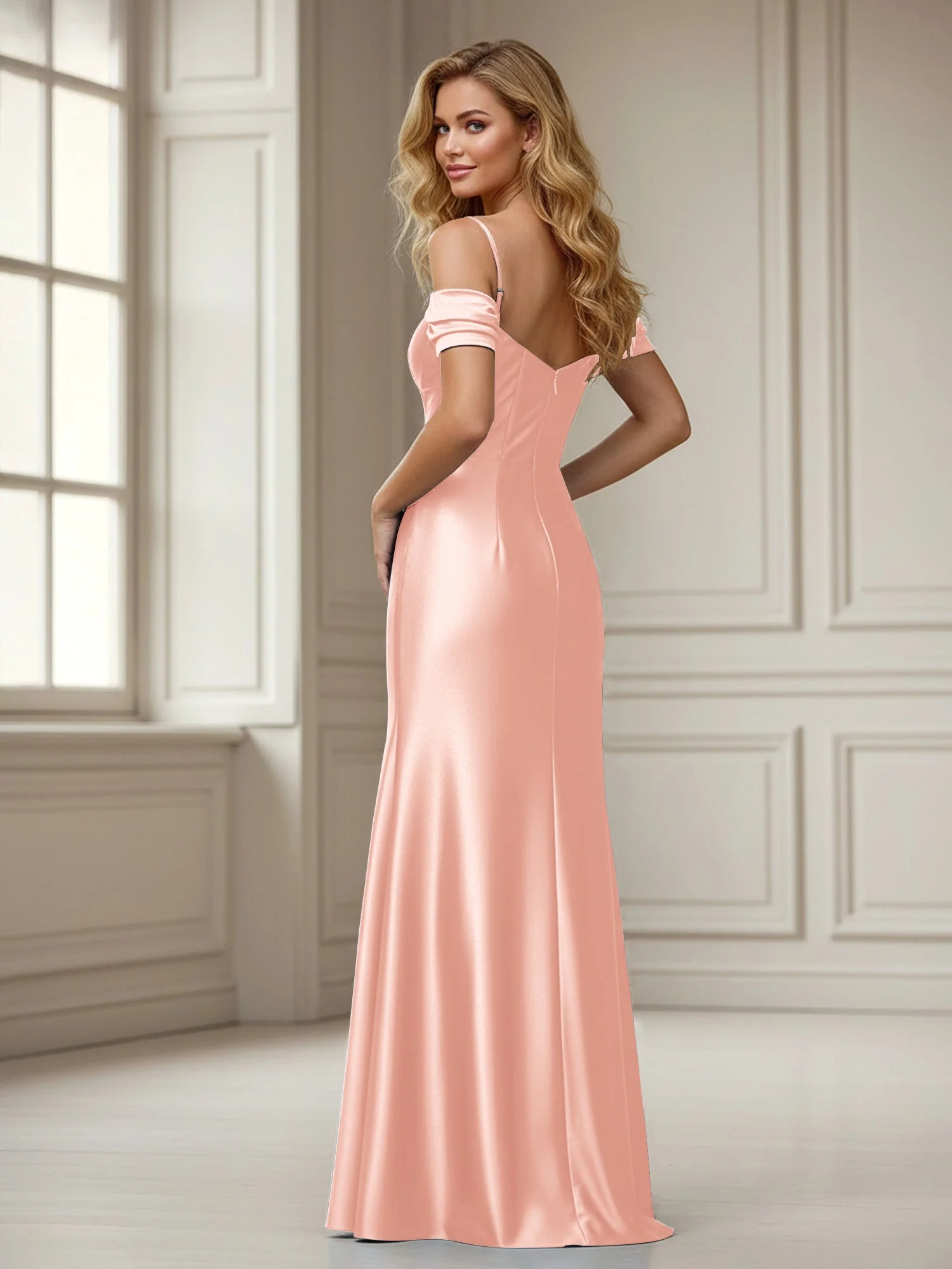 Schulterfrei Etui Bodenlänge Kleid mit Schlitz Staubige Rosa - Image 2