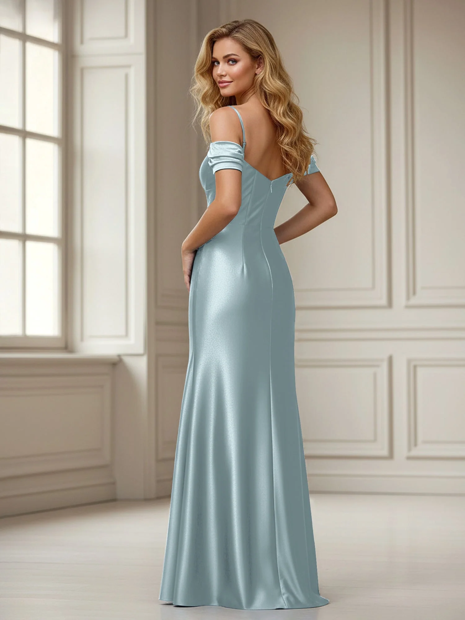 Schulterfrei Etui Bodenlänge Kleid mit Schlitz Staubiges Blau - Image 2