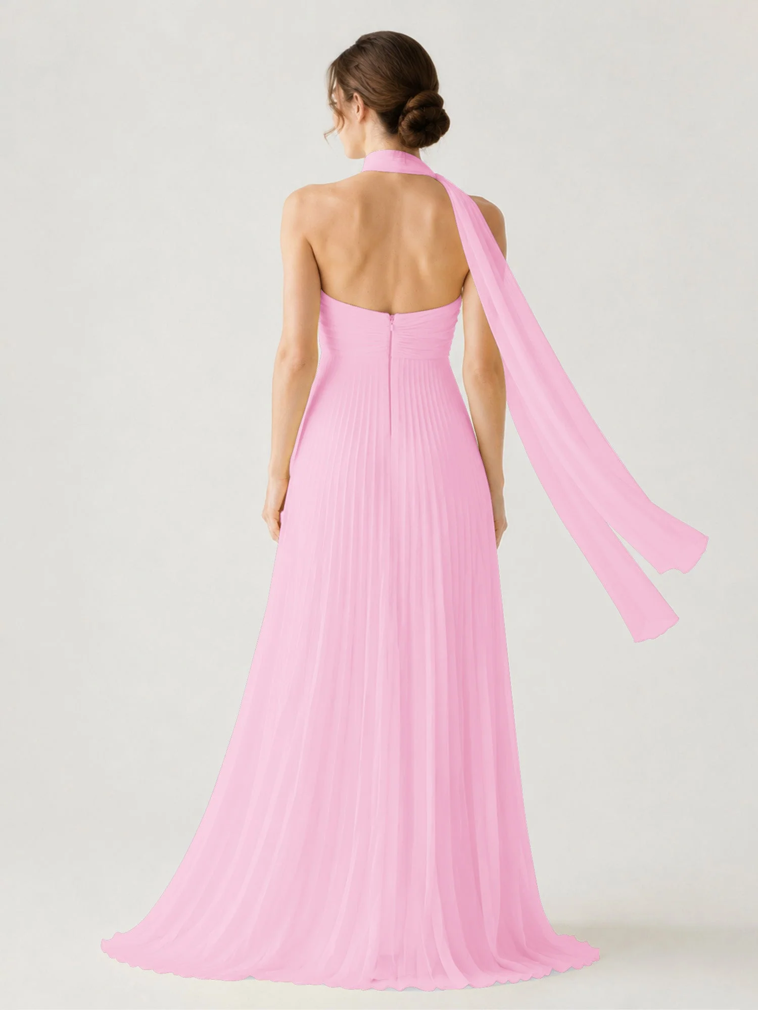 Plissiertes Chiffon-Maxikleid Ohne Träger Mit Halstuch Bonbonrosa - Image 2