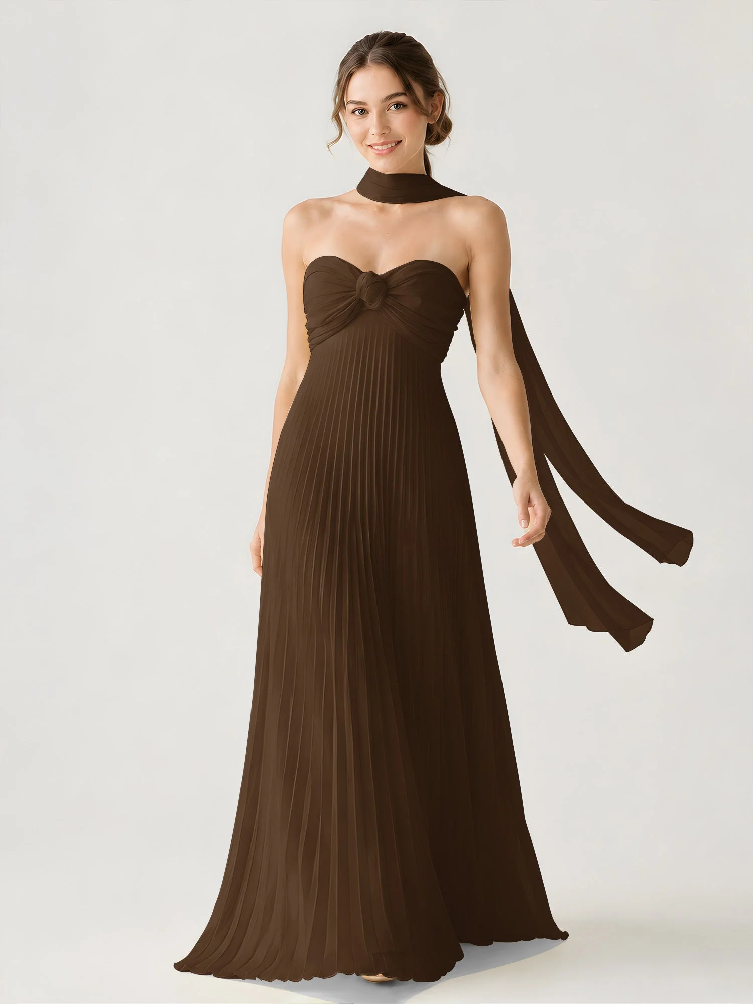 Plissiertes Chiffon-Maxikleid Ohne Träger Mit Halstuch Braun