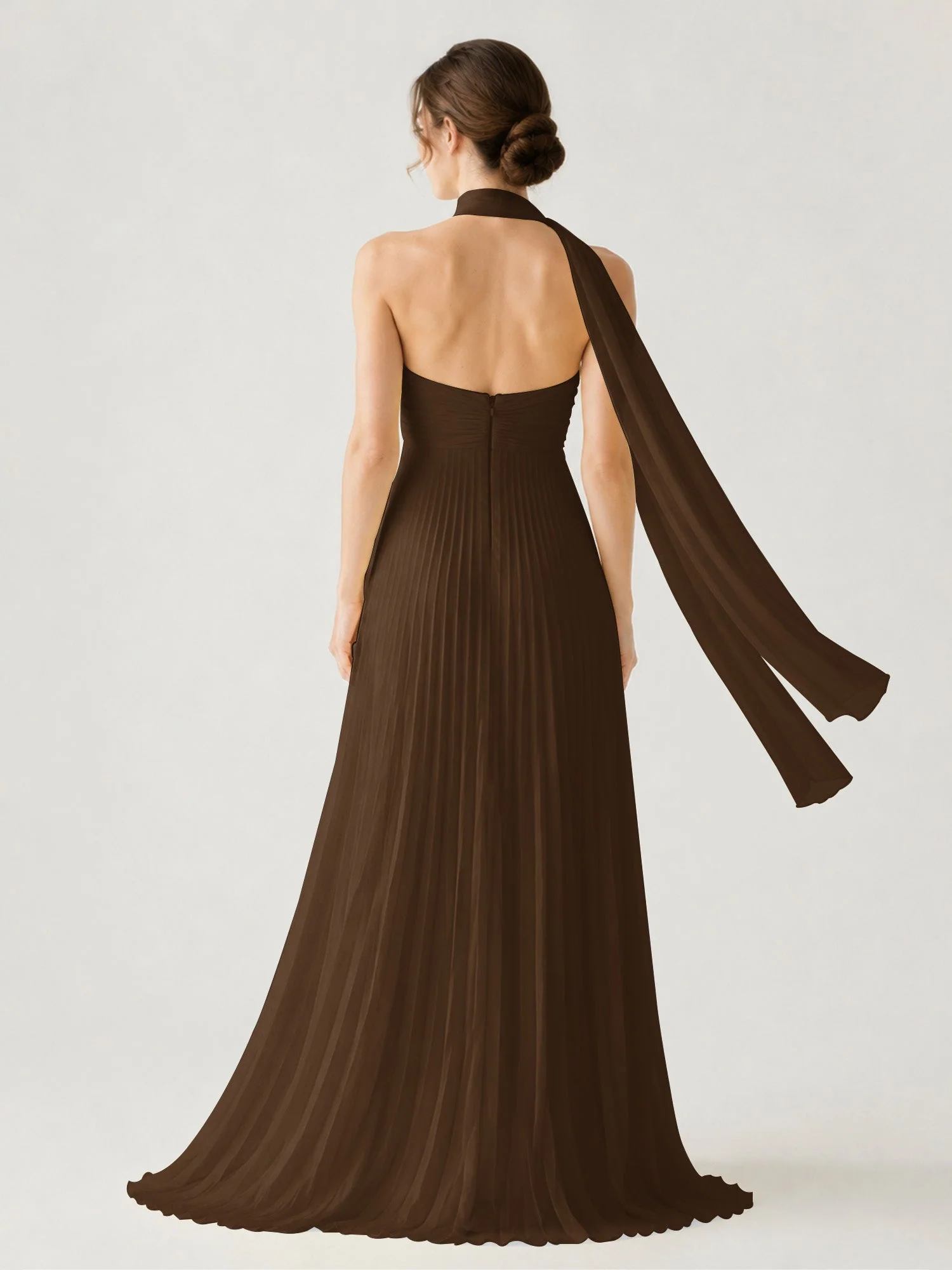 Plissiertes Chiffon-Maxikleid Ohne Träger Mit Halstuch Braun - Image 2