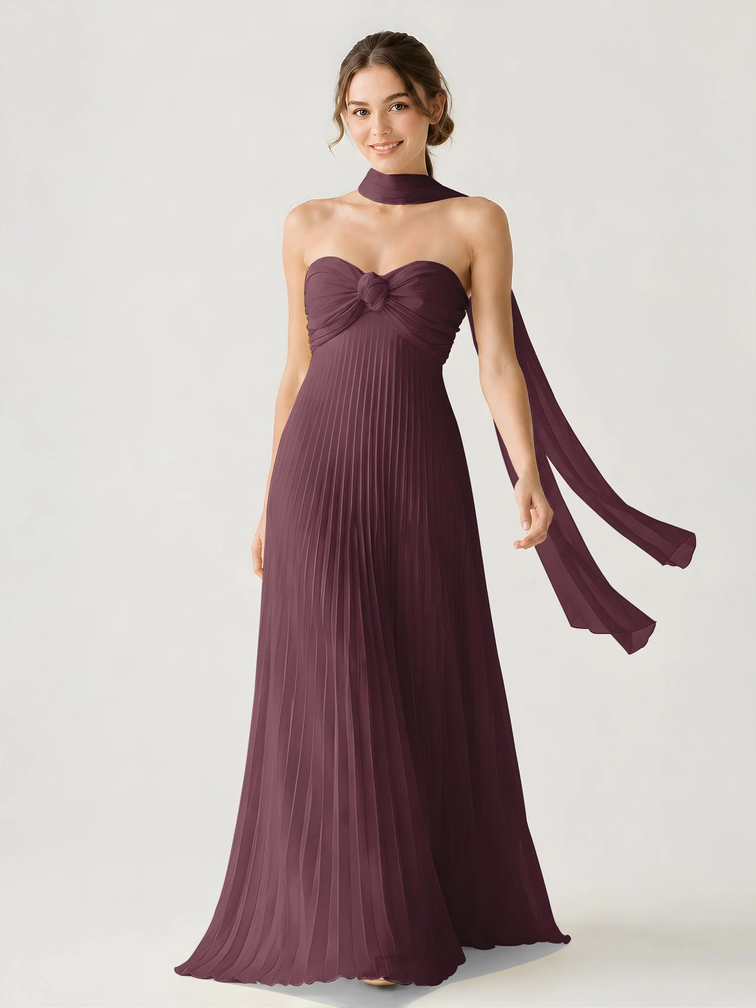 Plissiertes Chiffon-Maxikleid Ohne Träger Mit Halstuch Cabernet
