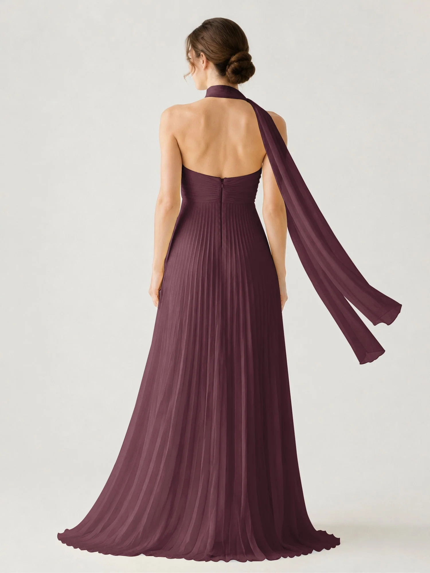 Plissiertes Chiffon-Maxikleid Ohne Träger Mit Halstuch Cabernet - Image 2