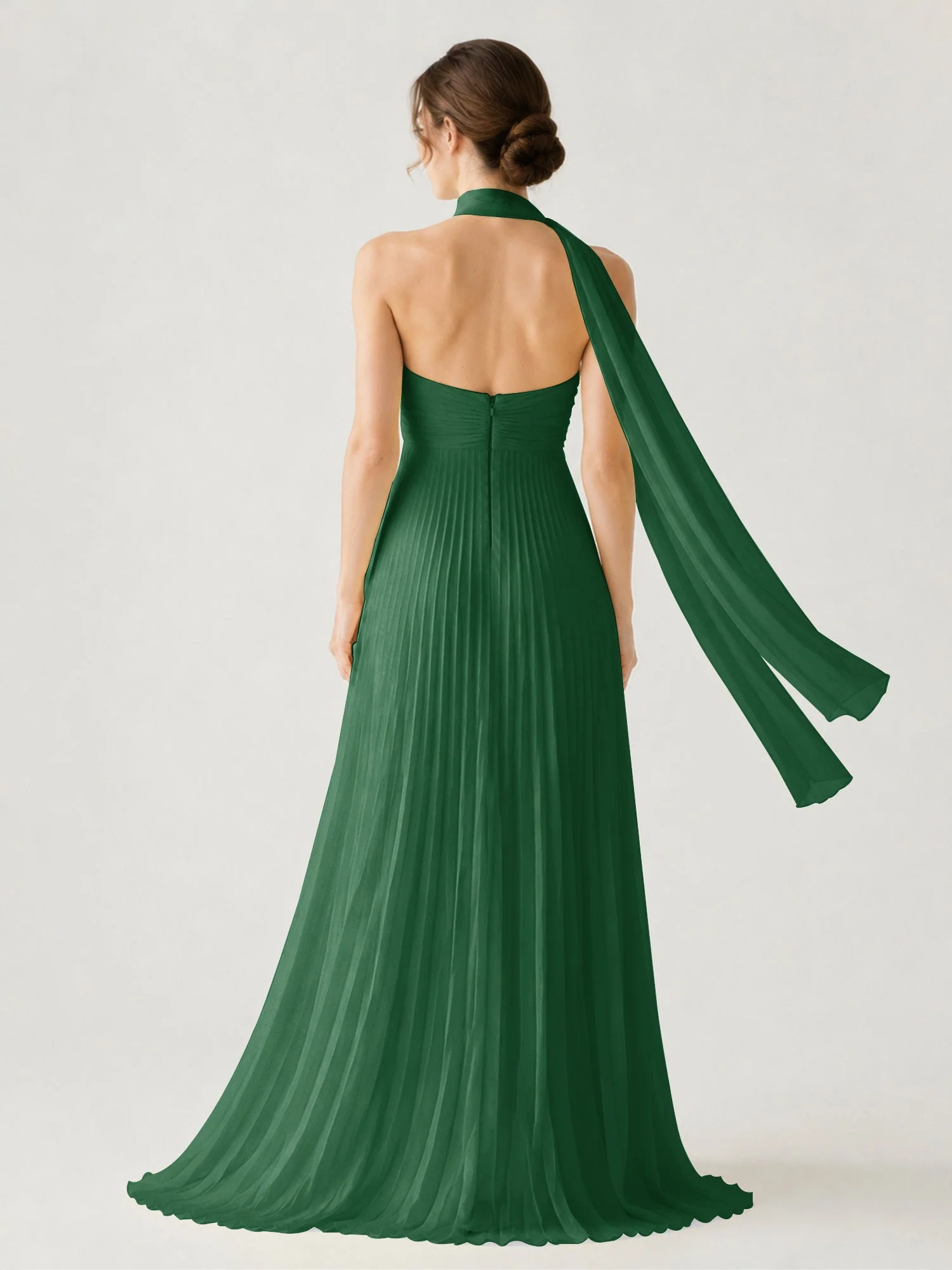 Plissiertes Chiffon-Maxikleid Ohne Träger Mit Halstuch Dunkelgrün - Image 2