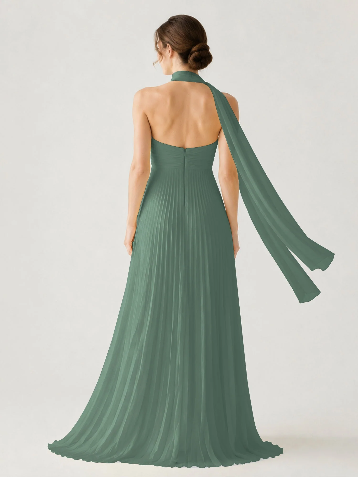 Plissiertes Chiffon-Maxikleid Ohne Träger Mit Halstuch Eukalyptus - Image 2