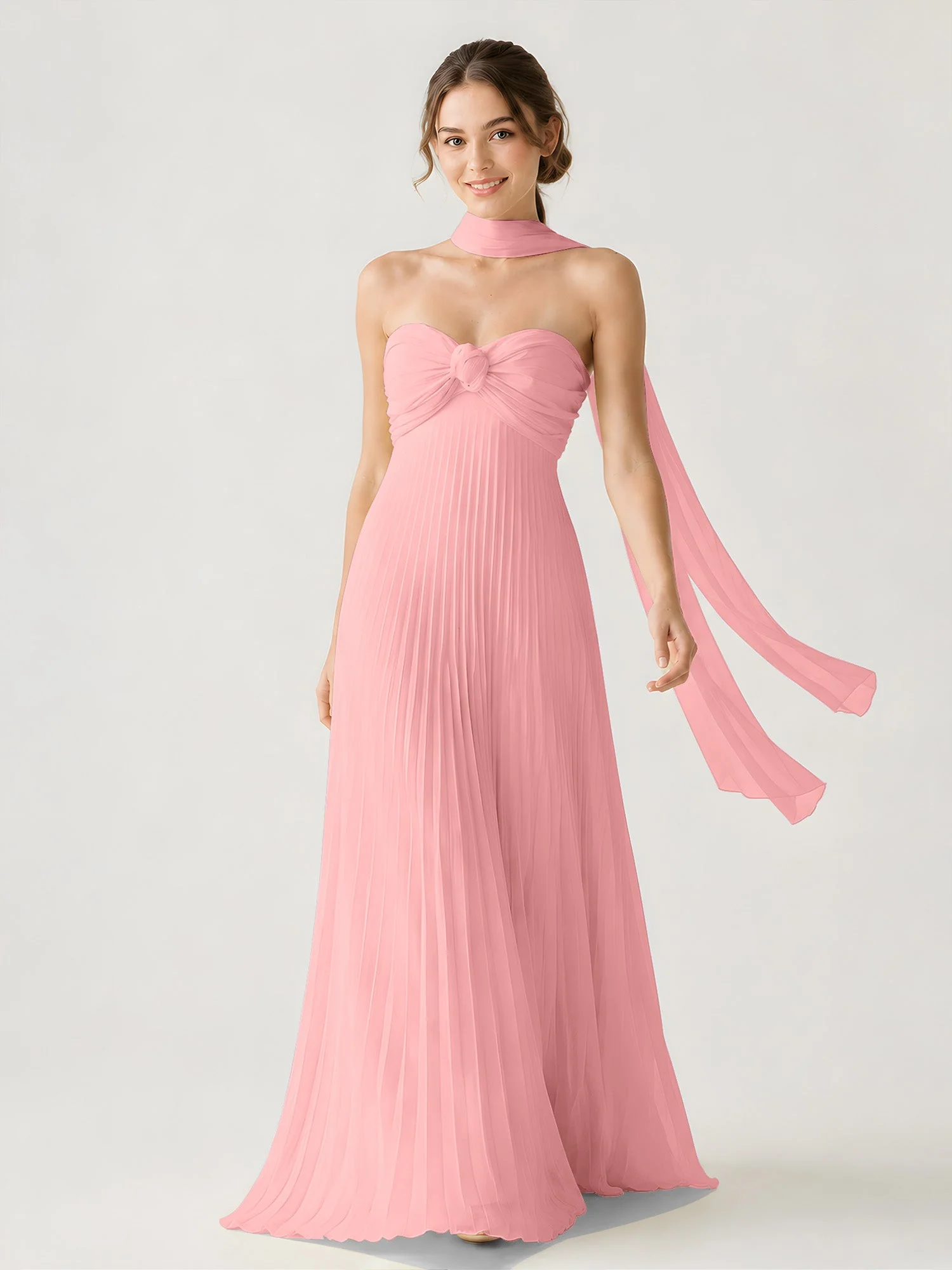 Plissiertes Chiffon-Maxikleid Ohne Träger Mit Halstuch Flamingo