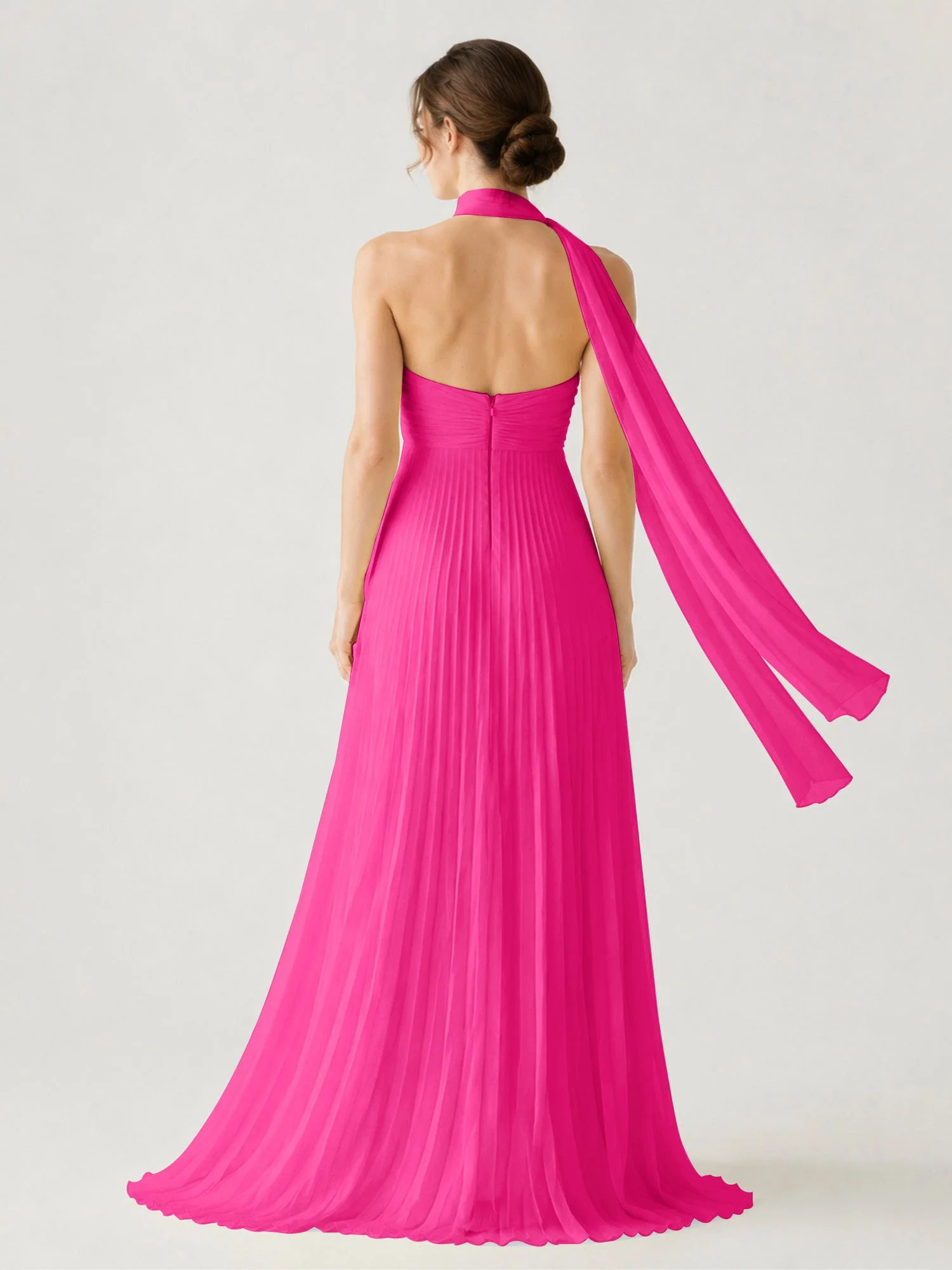 Plissiertes Chiffon-Maxikleid Ohne Träger Mit Halstuch Fuchsia - Image 2