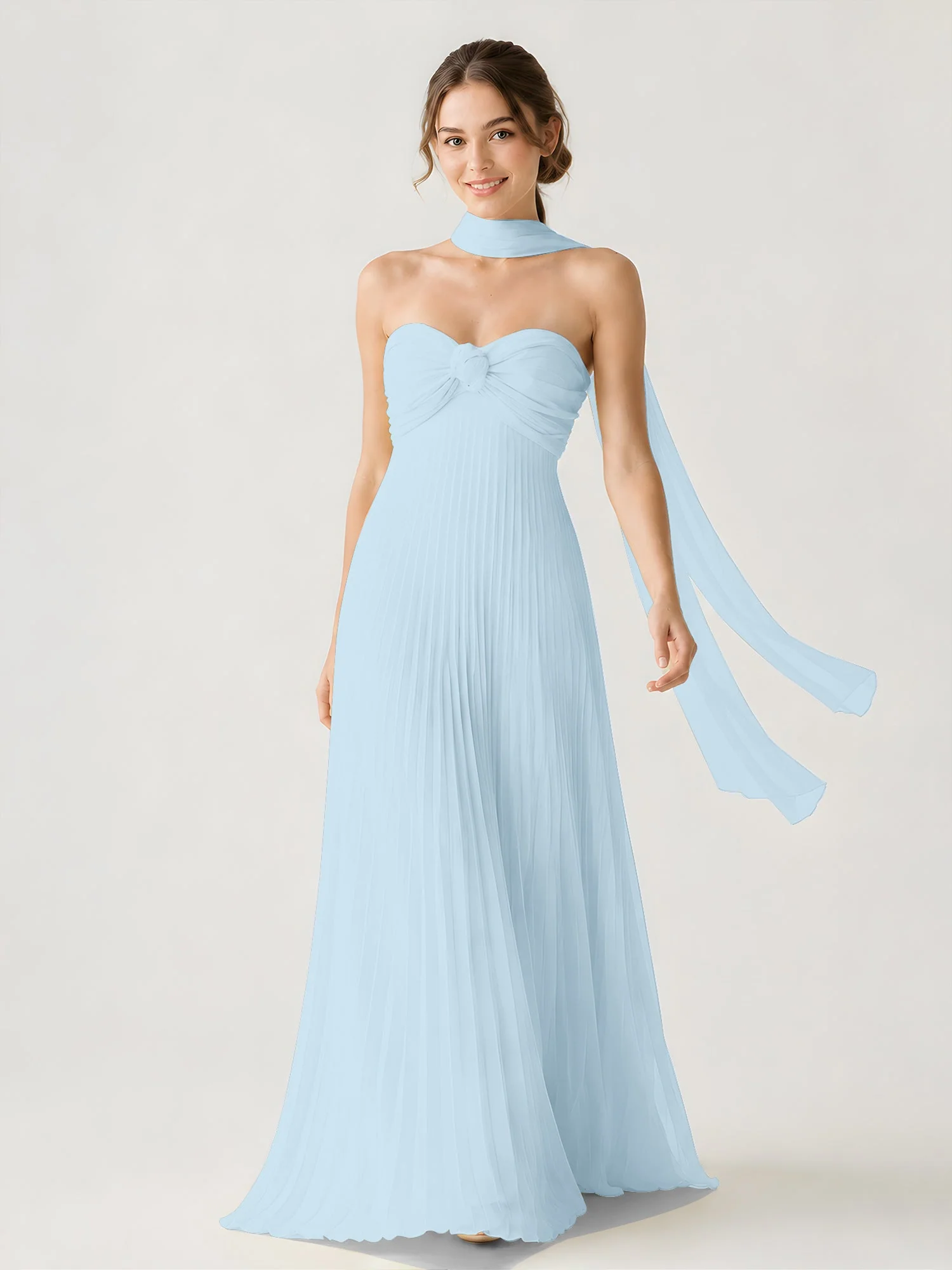 Plissiertes Chiffon-Maxikleid Ohne Träger Mit Halstuch Himmelblau