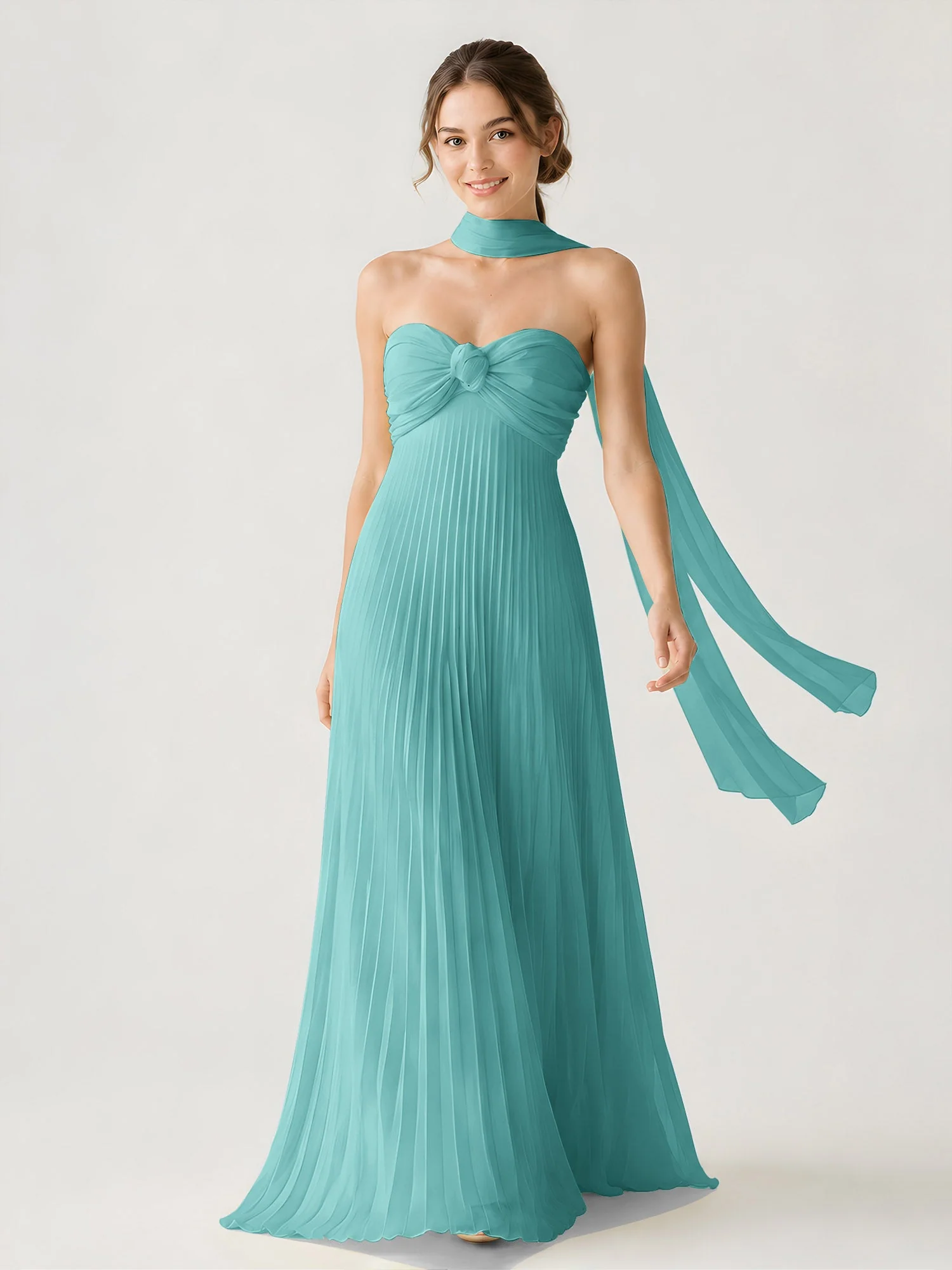 Plissiertes Chiffon-Maxikleid Ohne Träger Mit Halstuch Jade
