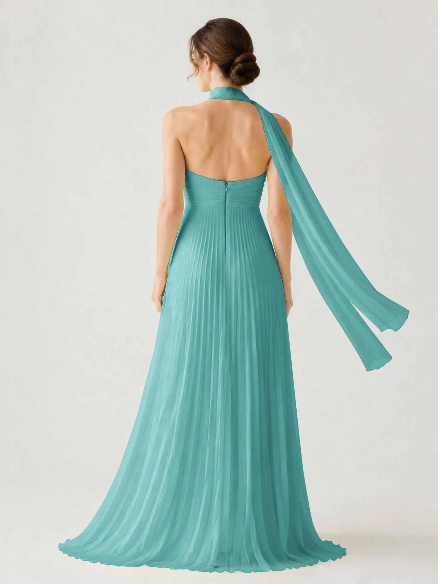 Plissiertes Chiffon-Maxikleid Ohne Träger Mit Halstuch Jade - Image 2