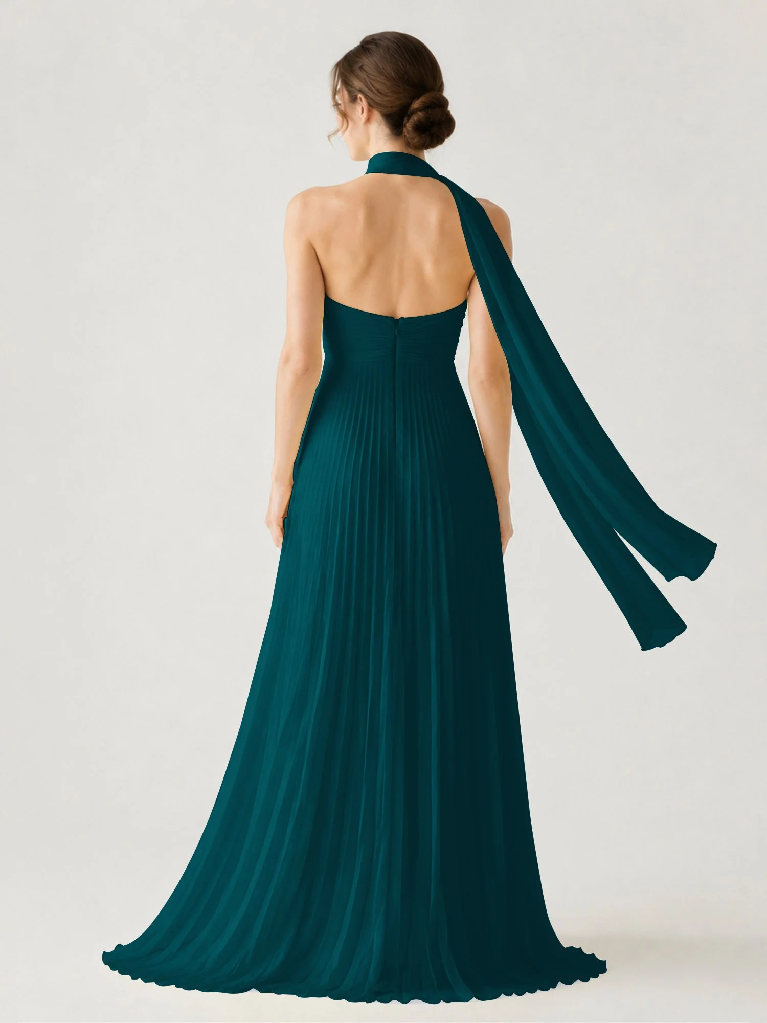 Plissiertes Chiffon-Maxikleid Ohne Träger Mit Halstuch Kieferngrün - Image 2