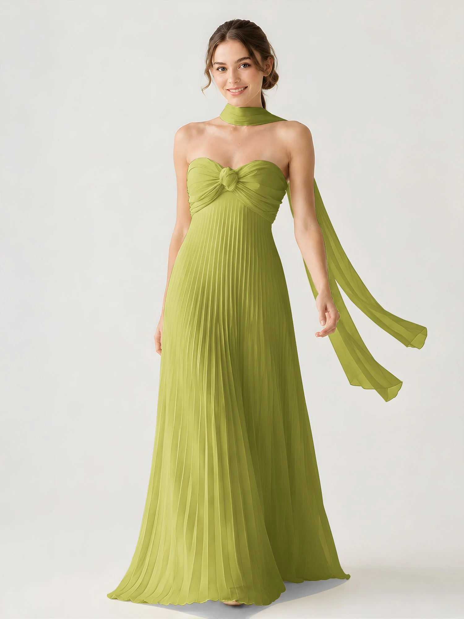 Plissiertes Chiffon-Maxikleid Ohne Träger Mit Halstuch Kleegrün