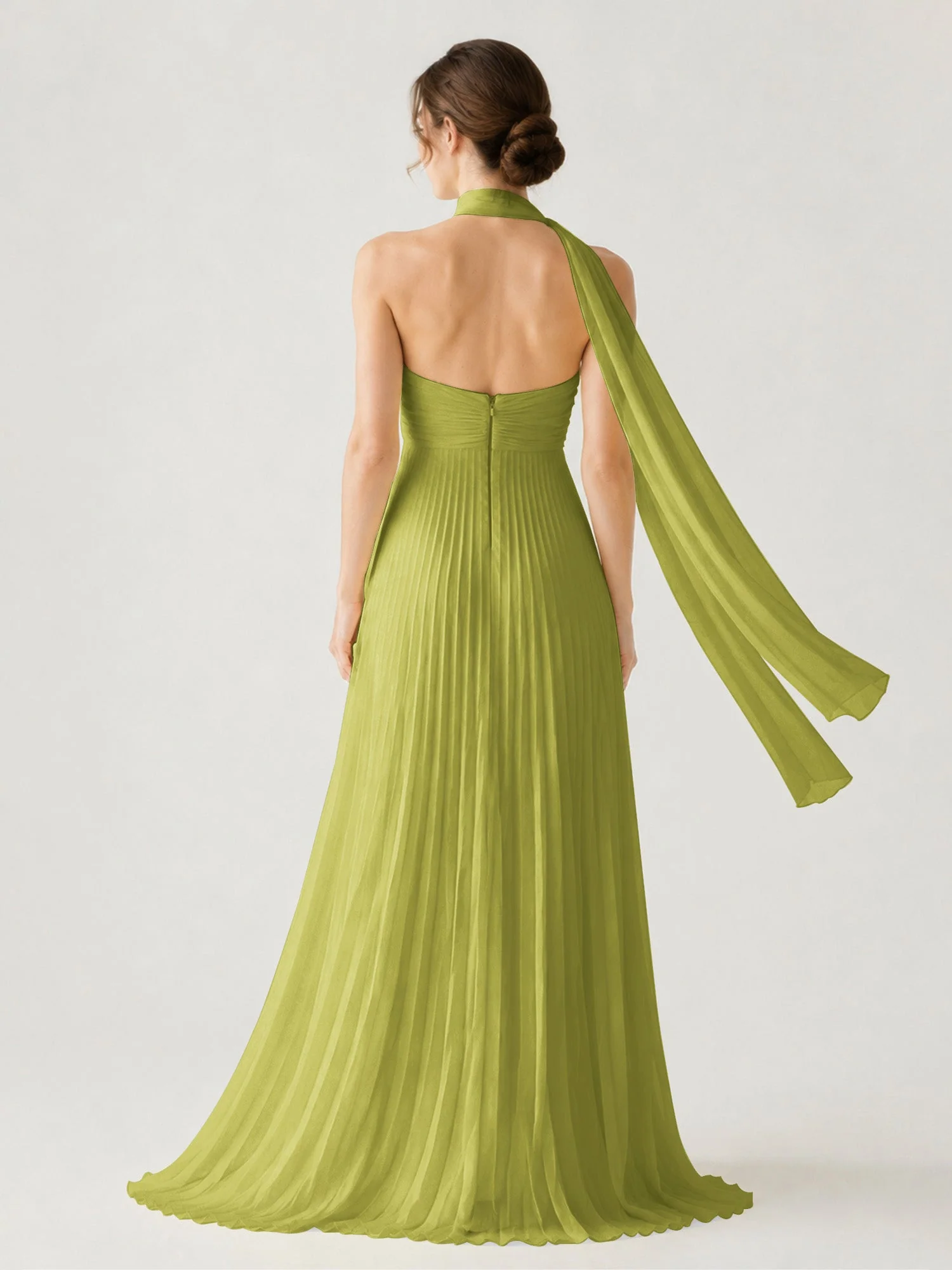 Plissiertes Chiffon-Maxikleid Ohne Träger Mit Halstuch Kleegrün - Image 2