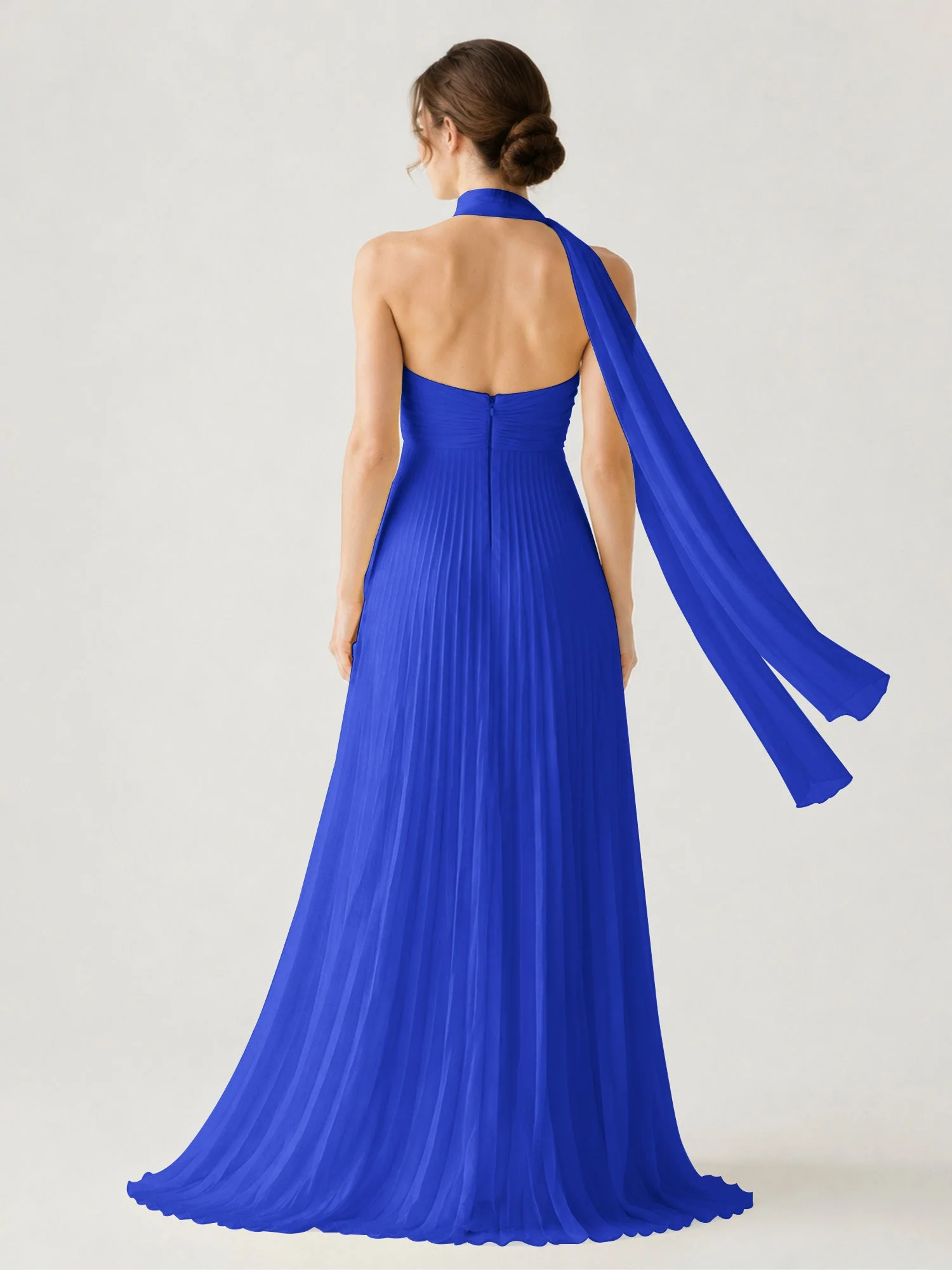 Plissiertes Chiffon-Maxikleid Ohne Träger Mit Halstuch Königsblau - Image 2