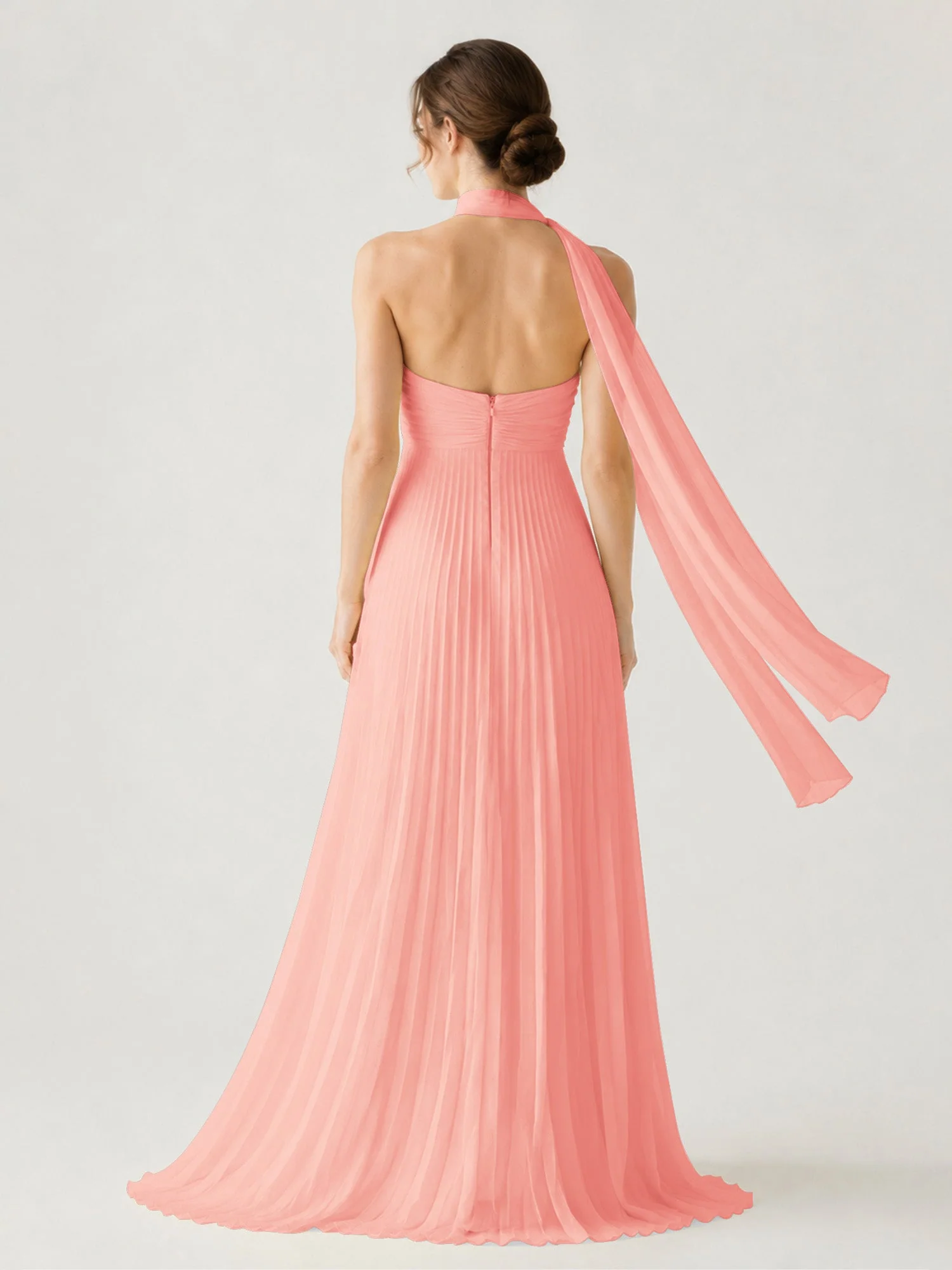 Plissiertes Chiffon-Maxikleid Ohne Träger Mit Halstuch Koralle - Image 2