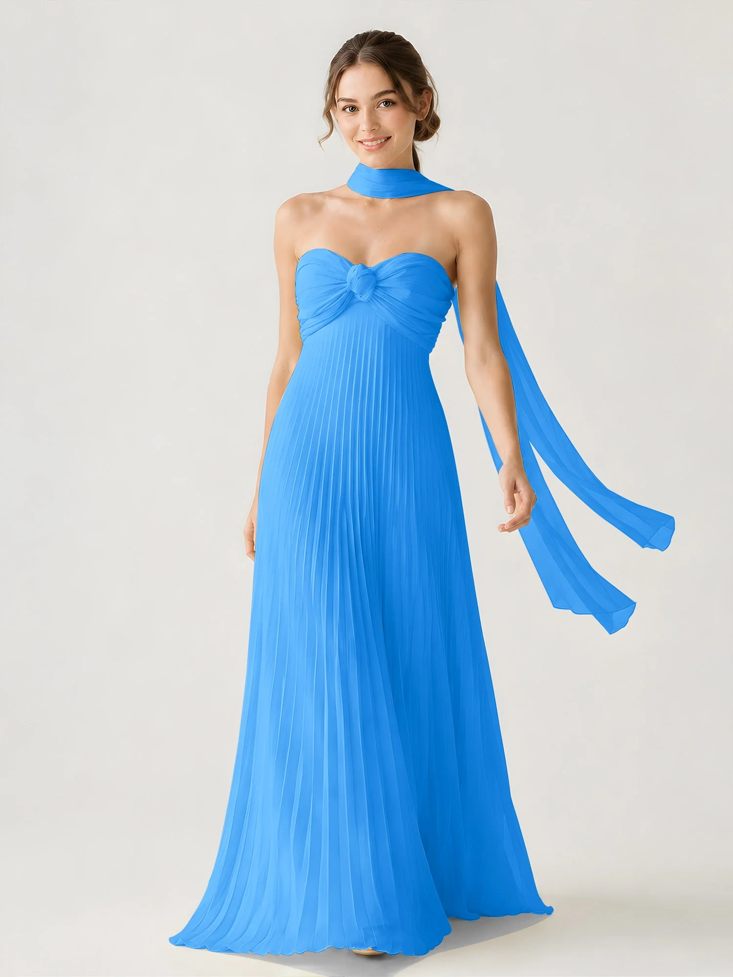 Plissiertes Chiffon-Maxikleid Ohne Träger Mit Halstuch Meerblau