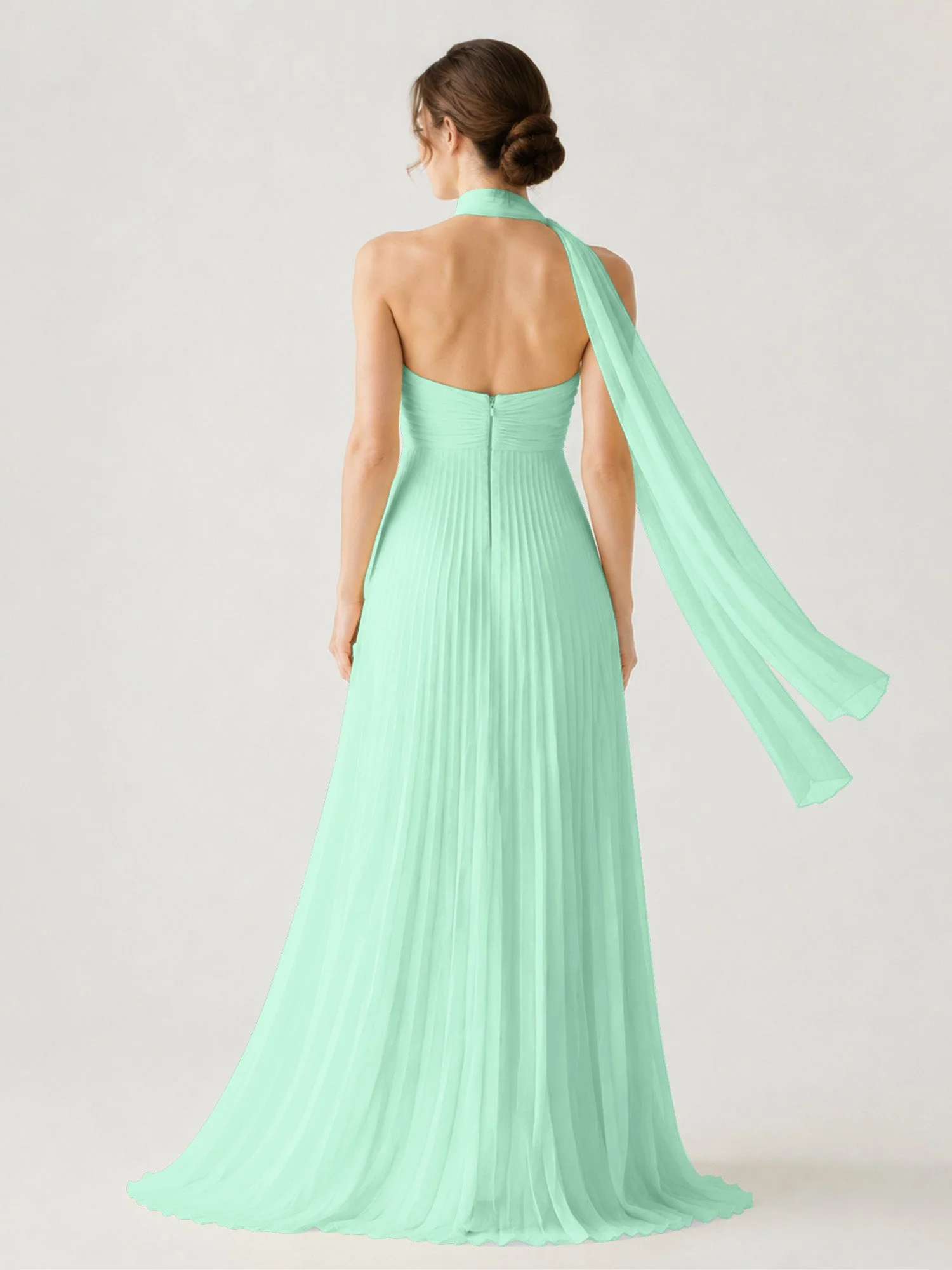 Plissiertes Chiffon-Maxikleid Ohne Träger Mit Halstuch Minzgrün - Image 2