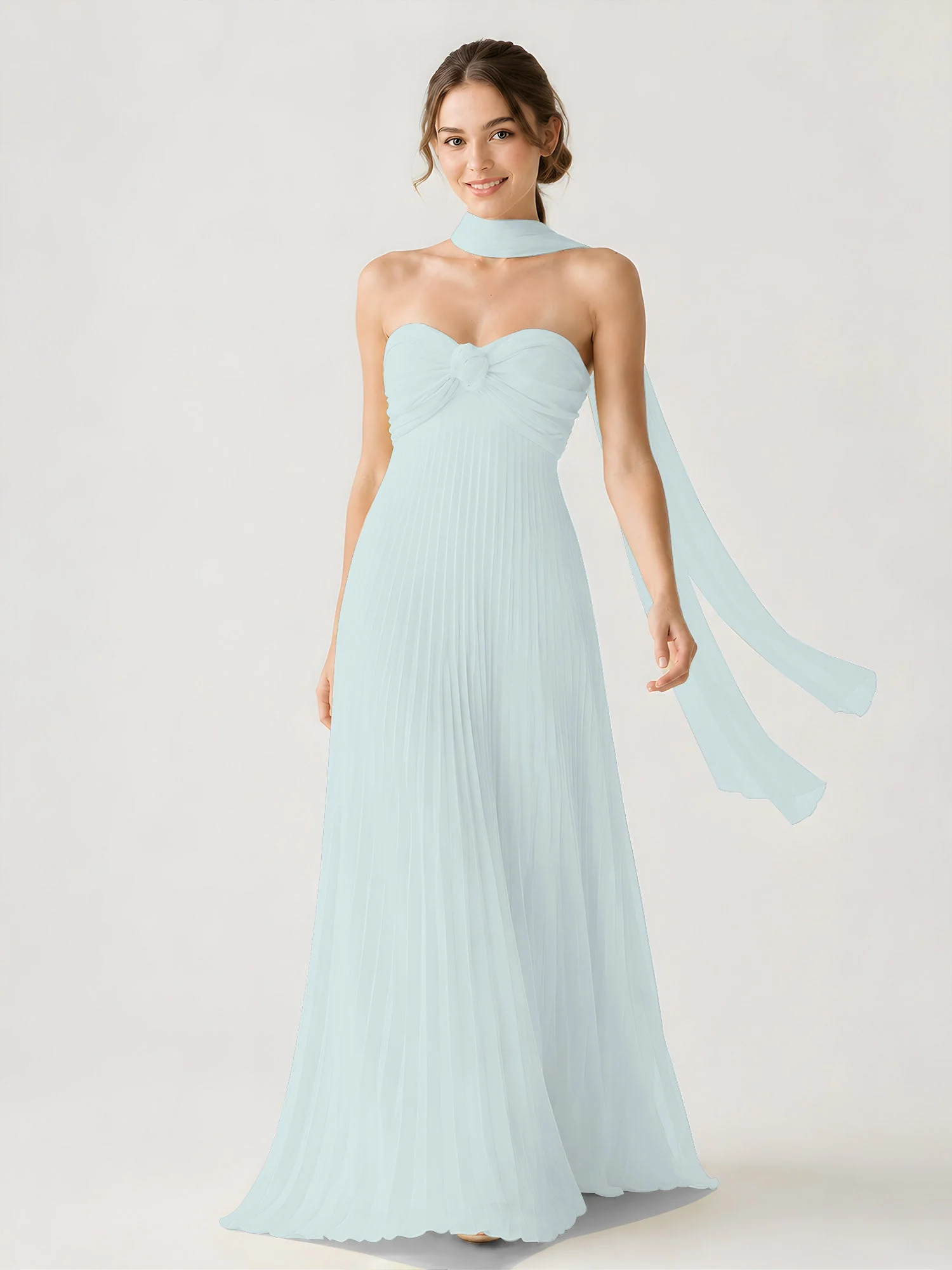 Plissiertes Chiffon-Maxikleid Ohne Träger Mit Halstuch Nebel