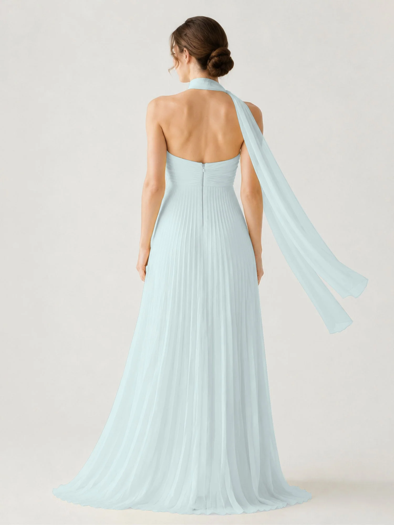 Plissiertes Chiffon-Maxikleid Ohne Träger Mit Halstuch Nebel - Image 2