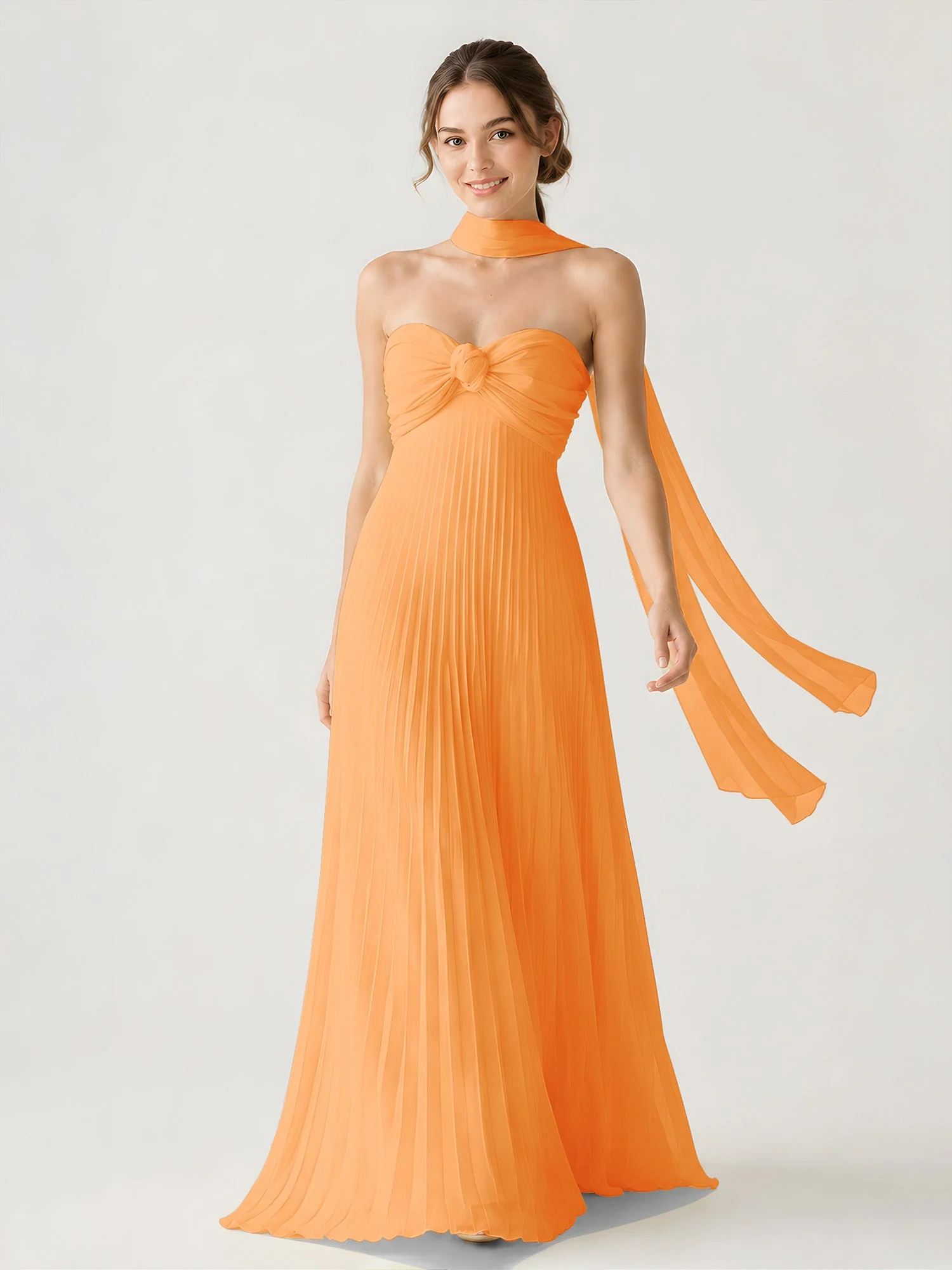 Plissiertes Chiffon-Maxikleid Ohne Träger Mit Halstuch Orange