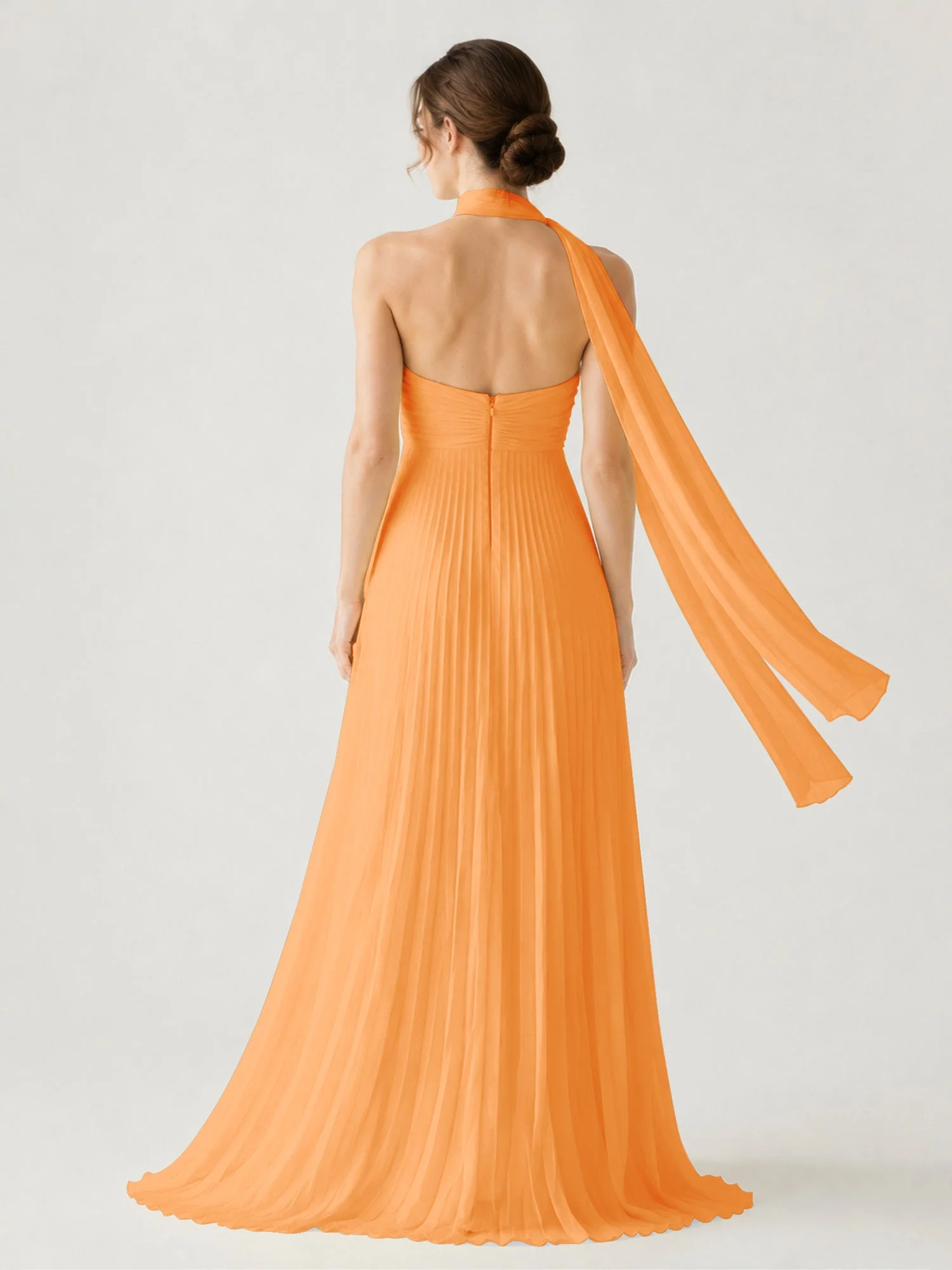 Plissiertes Chiffon-Maxikleid Ohne Träger Mit Halstuch Orange - Image 2