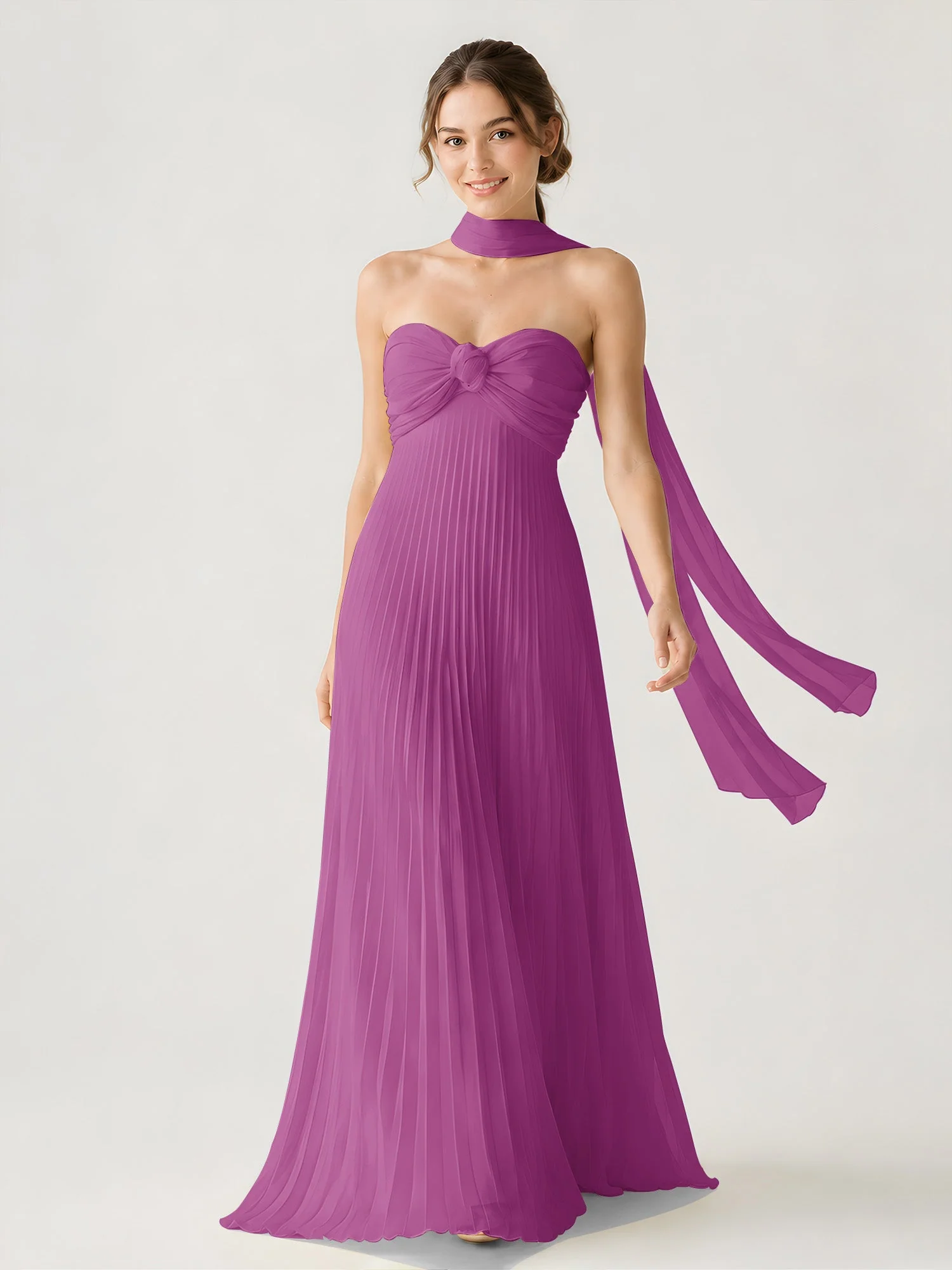 Plissiertes Chiffon-Maxikleid Ohne Träger Mit Halstuch Orchidee