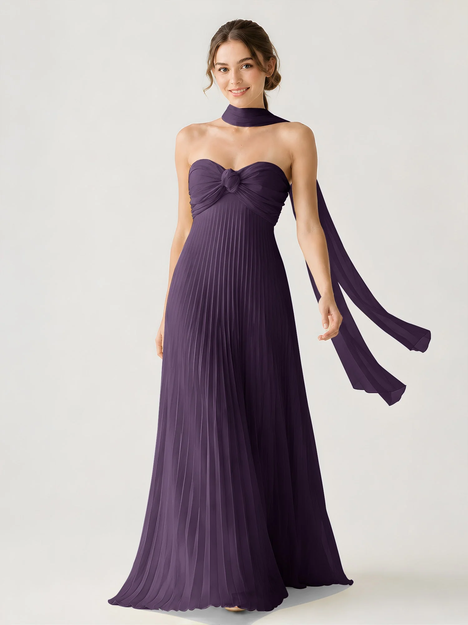 Plissiertes Chiffon-Maxikleid Ohne Träger Mit Halstuch Plum