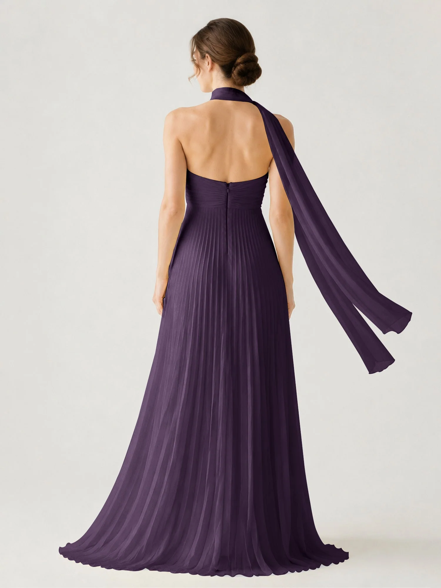Plissiertes Chiffon-Maxikleid Ohne Träger Mit Halstuch Plum - Image 2