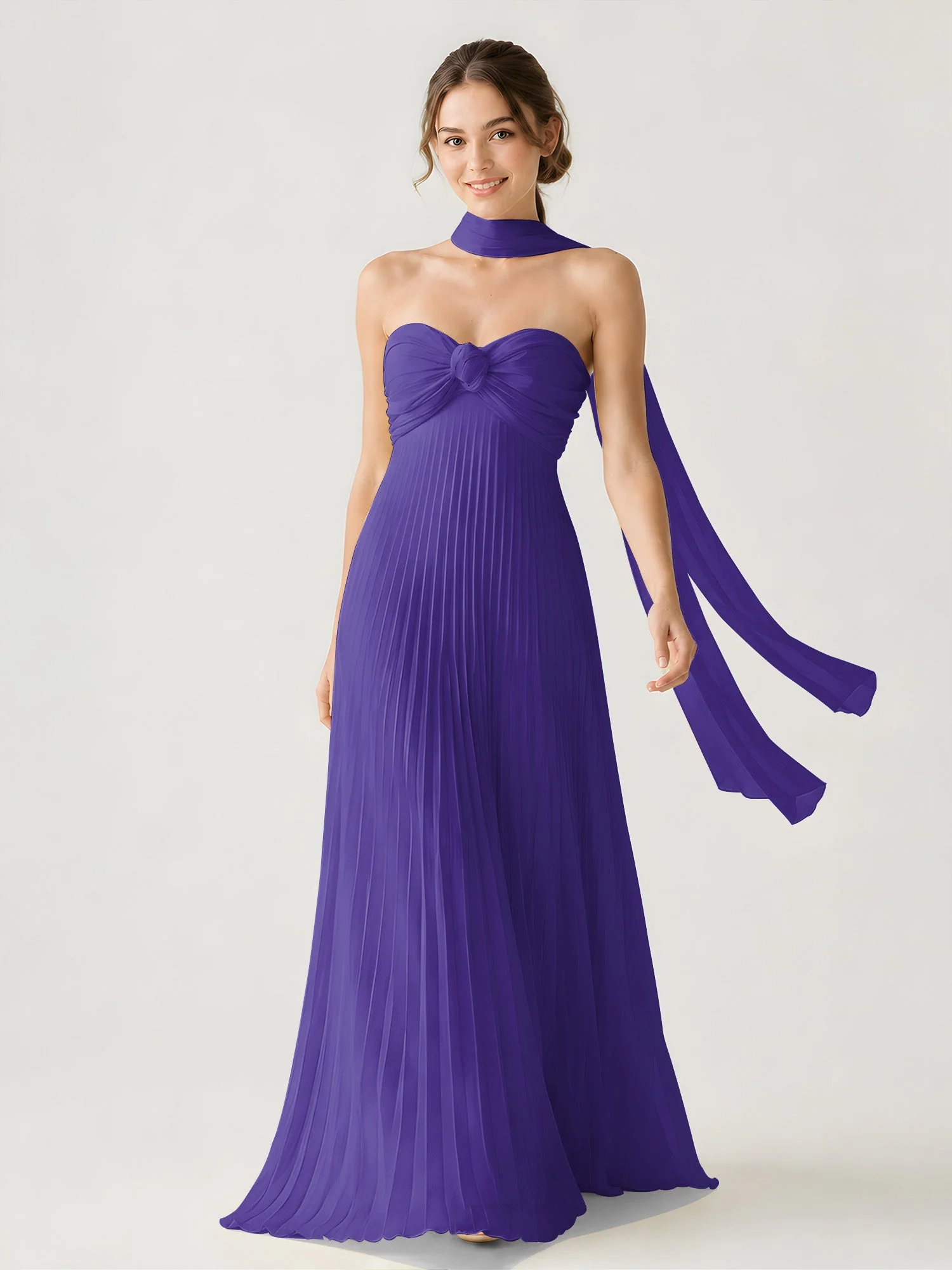 Plissiertes Chiffon-Maxikleid Ohne Träger Mit Halstuch Regentschaft