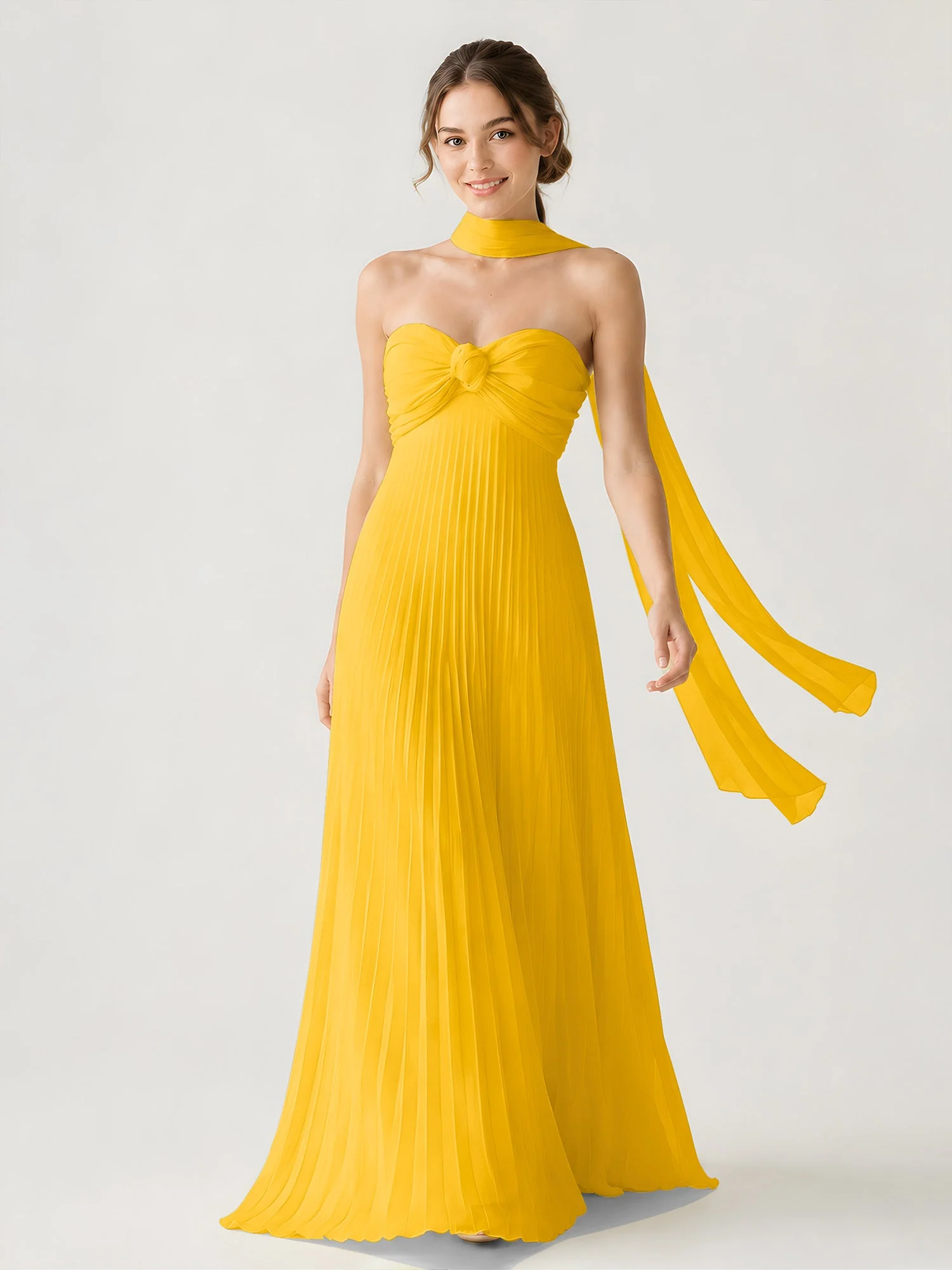 Plissiertes Chiffon-Maxikleid Ohne Träger Mit Halstuch Ringelblume