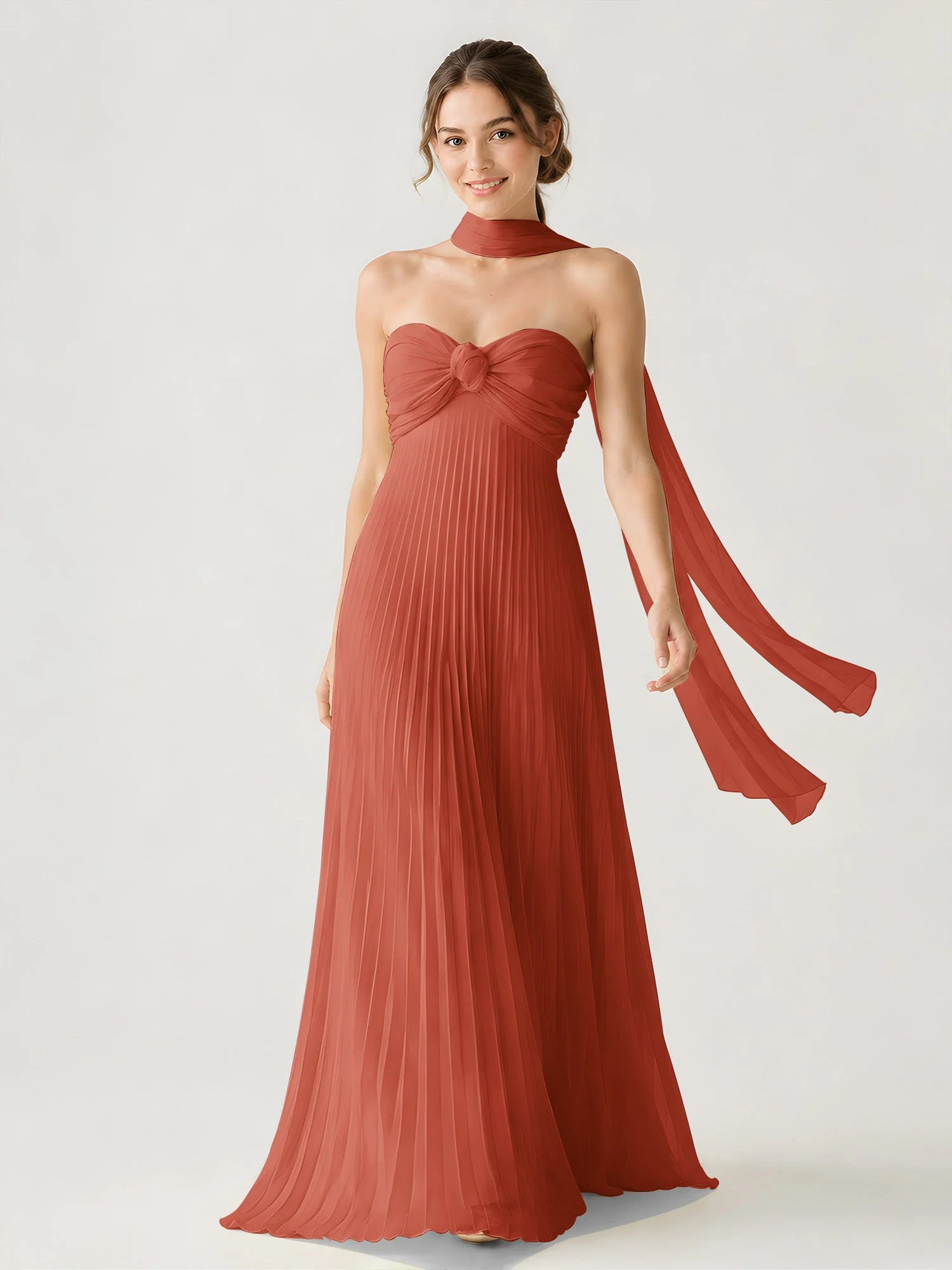 Plissiertes Chiffon-Maxikleid Ohne Träger Mit Halstuch Rost