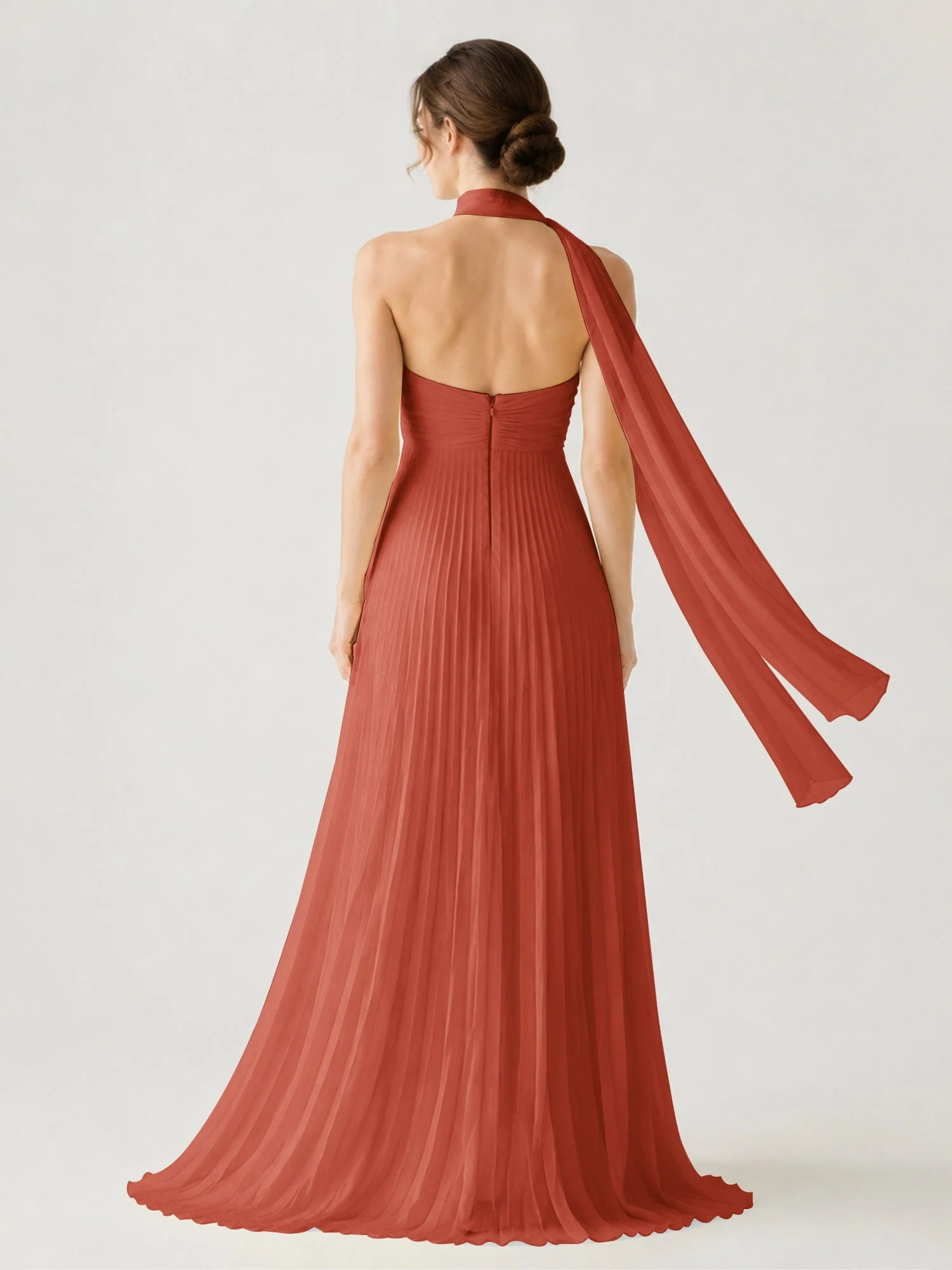 Plissiertes Chiffon-Maxikleid Ohne Träger Mit Halstuch Rost - Image 2