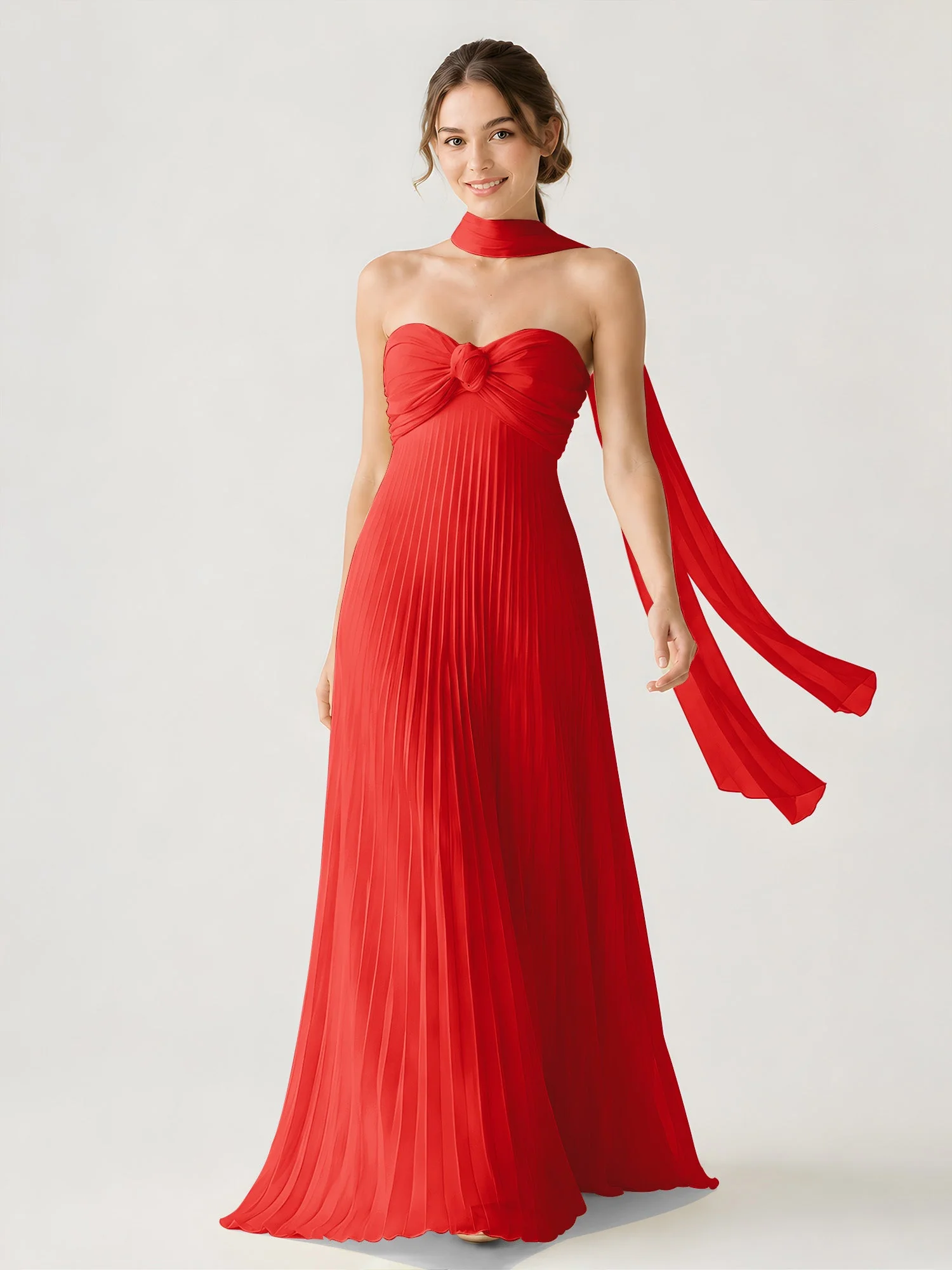 Plissiertes Chiffon-Maxikleid Ohne Träger Mit Halstuch Rot