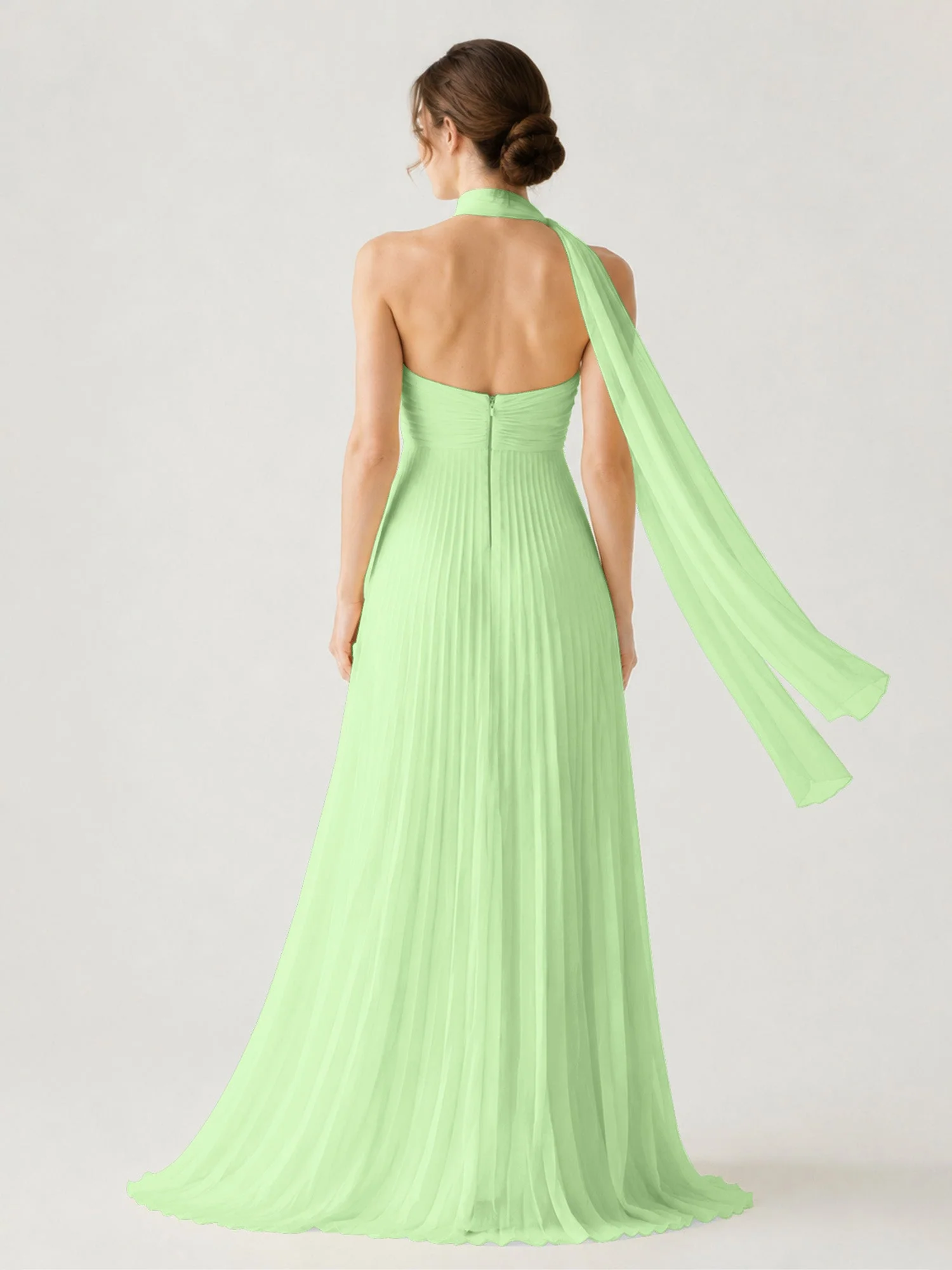 Plissiertes Chiffon-Maxikleid Ohne Träger Mit Halstuch Salbei - Image 2