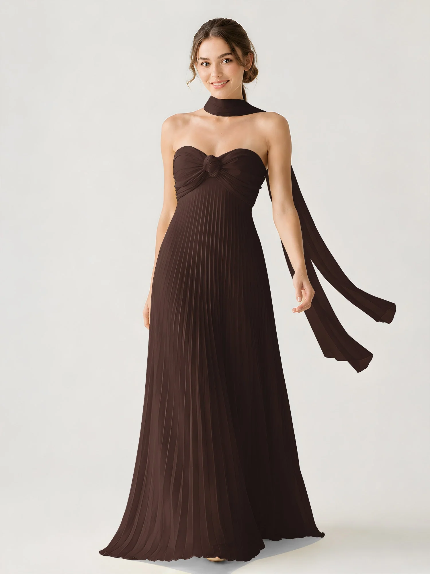 Plissiertes Chiffon-Maxikleid Ohne Träger Mit Halstuch Schokolade
